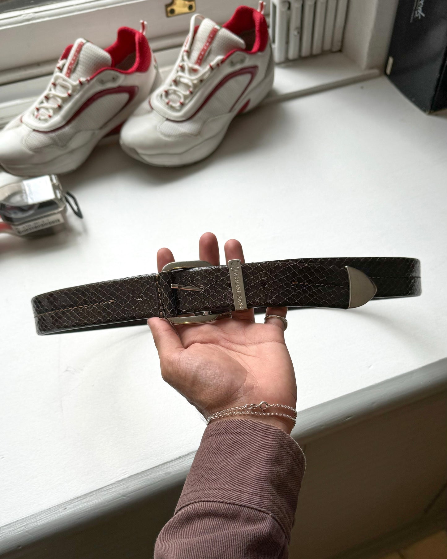Deep Brown Crocodile Skin Style Leather Patent Belt (33~36)