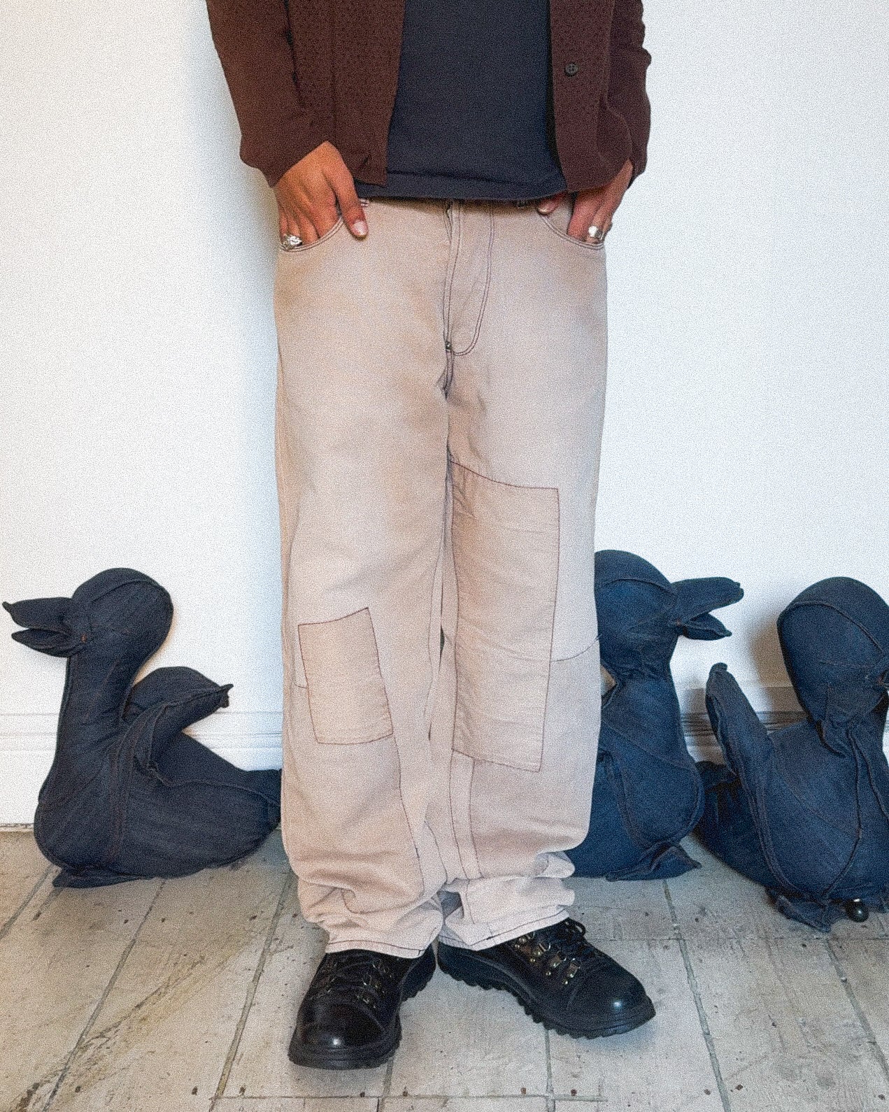 Early 2000s Beige Patchwork Style Panel Pants (32~33)