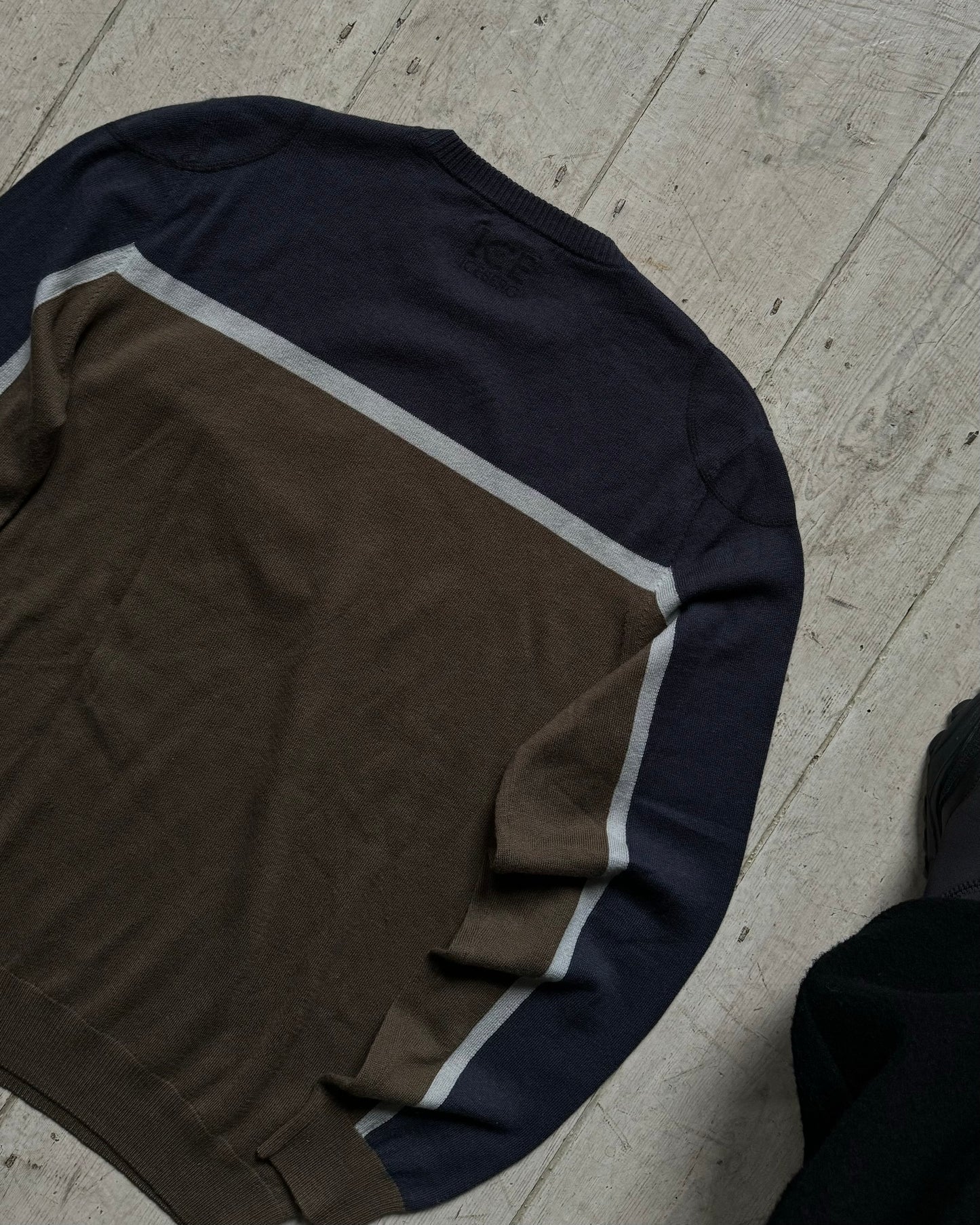 Olive / Navy Striped Two Tone Virgin Wool / Cashmere Knit Jumper (~M~)