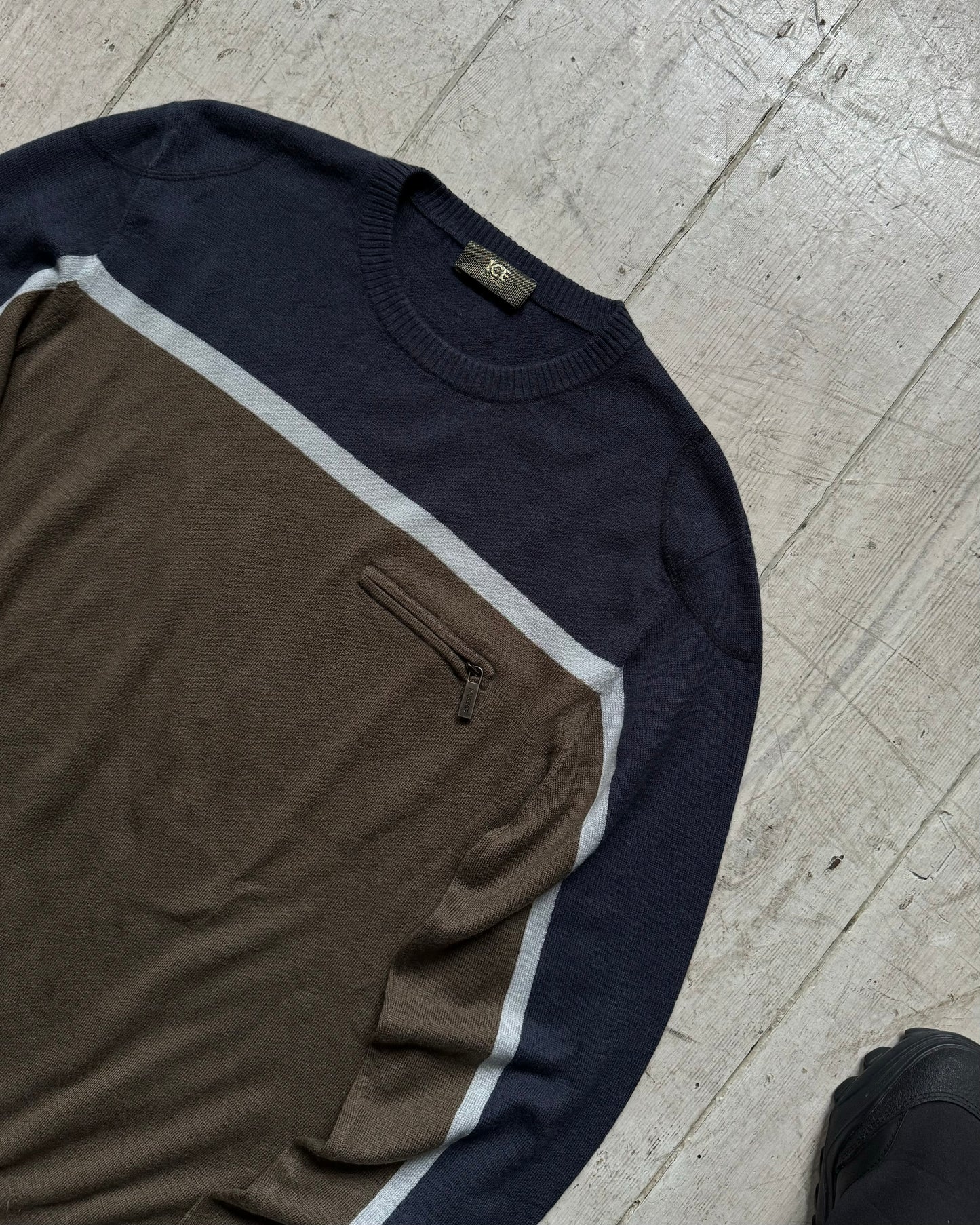Olive / Navy Striped Two Tone Virgin Wool / Cashmere Knit Jumper (~M~)