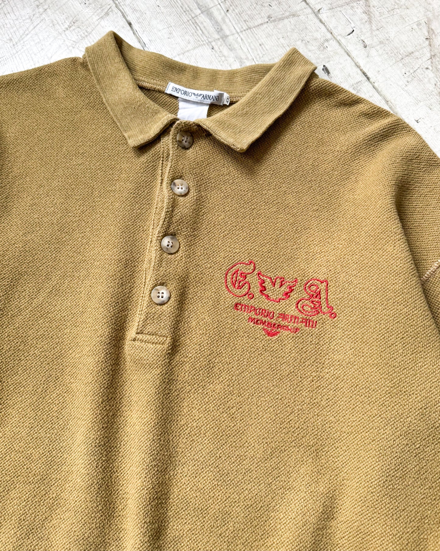 90s Honey Brown Membership Motif Longsleeve Polo Shirt / Top (~L~)