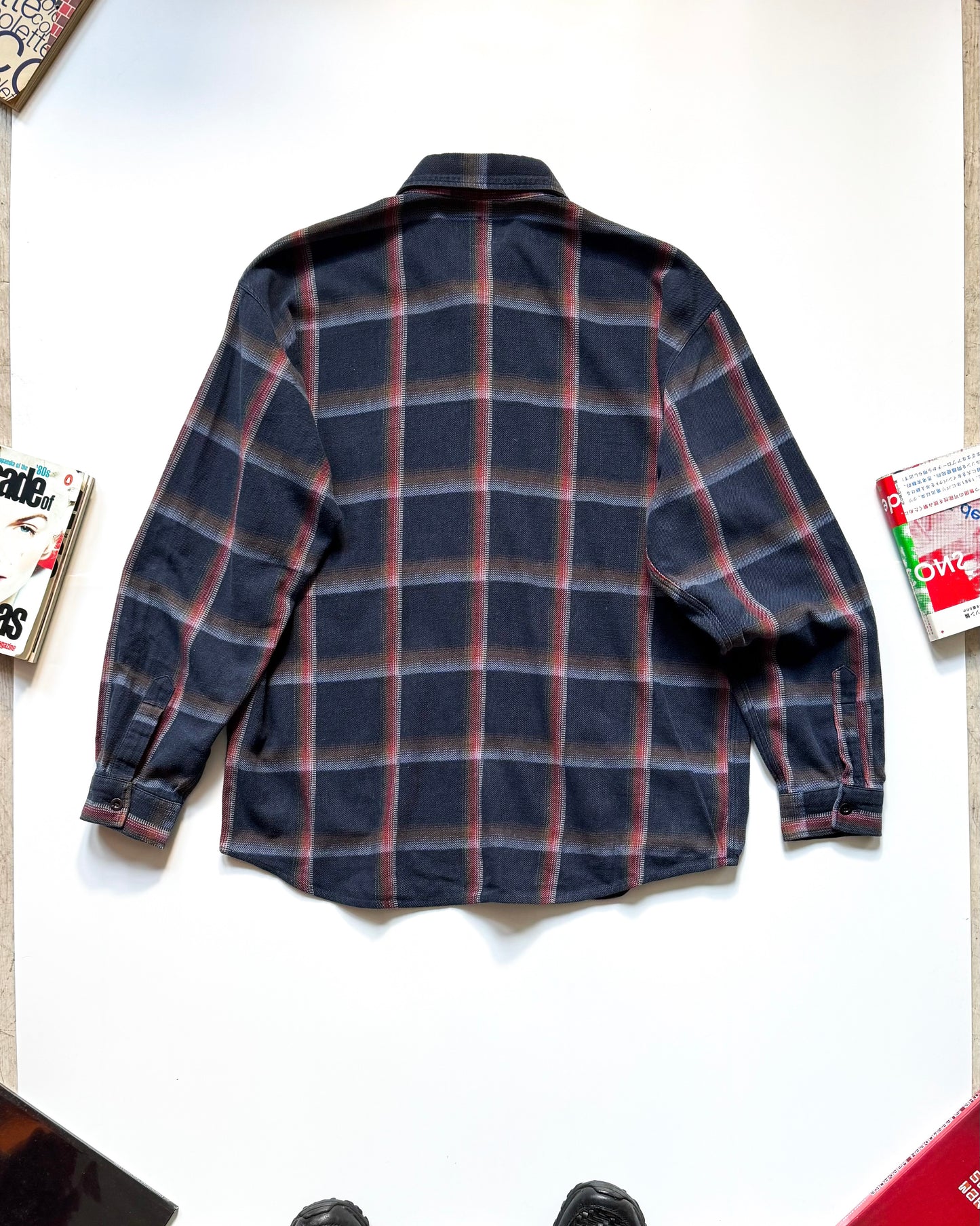 90s Woven Navy Woven Shadow Plaid Style Flannel / Overshirt Shirt (~L~)