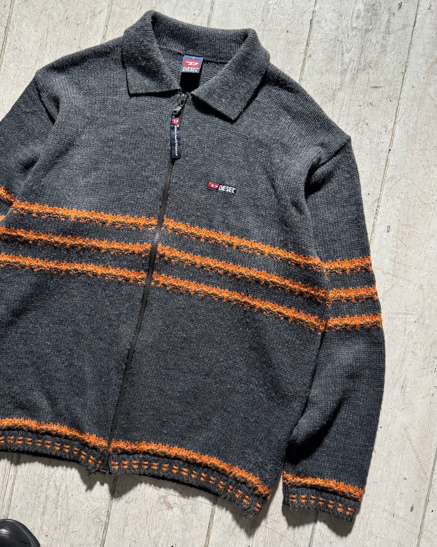 Early 2000s Grey Orange Striped Zip Up Knit (~L~)