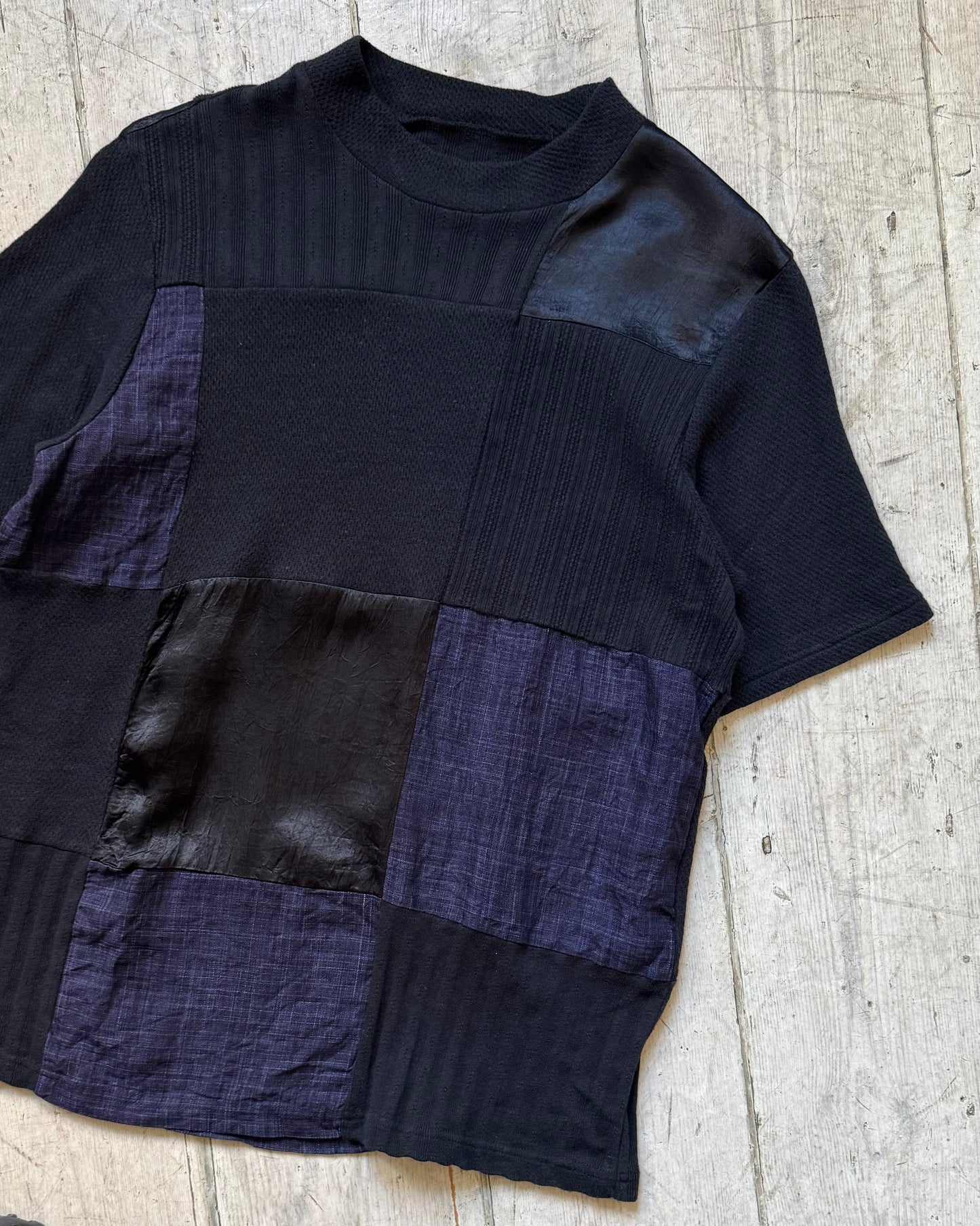 Patchwork Black Blue Shirt and Tshirt Set (~S~)