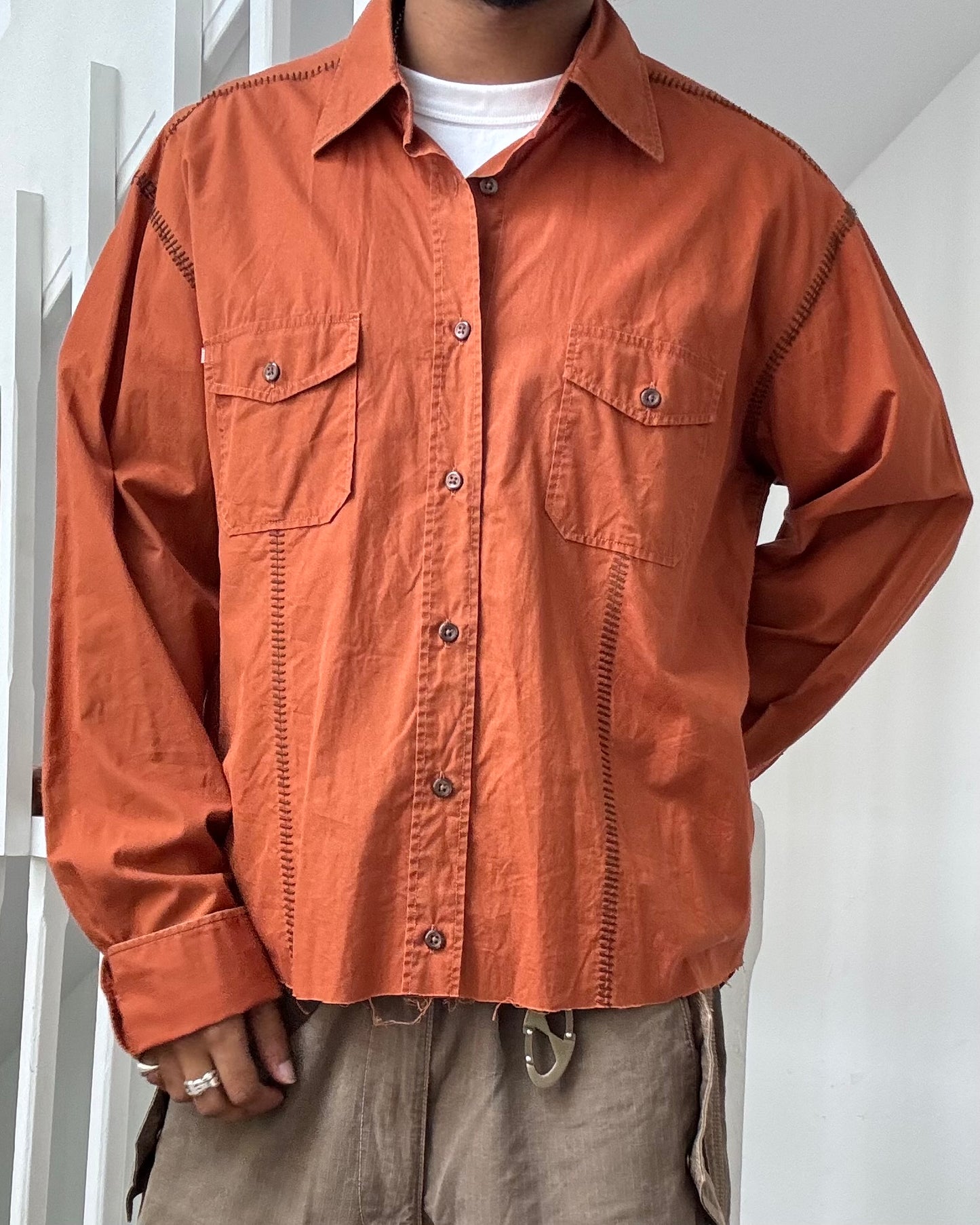 Early 2000s Orange Scar Stitch Cropped Shirt (M~L)