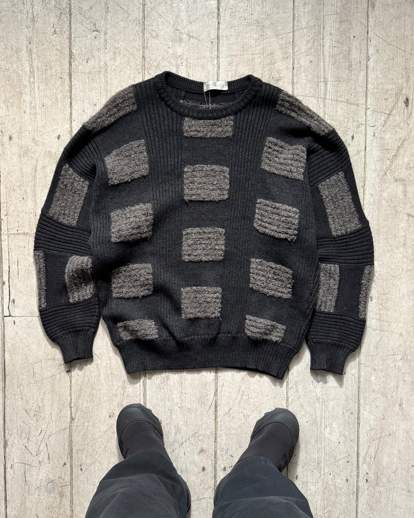 80s Grey Patch Pattern Knit Jumper (L~XL)
