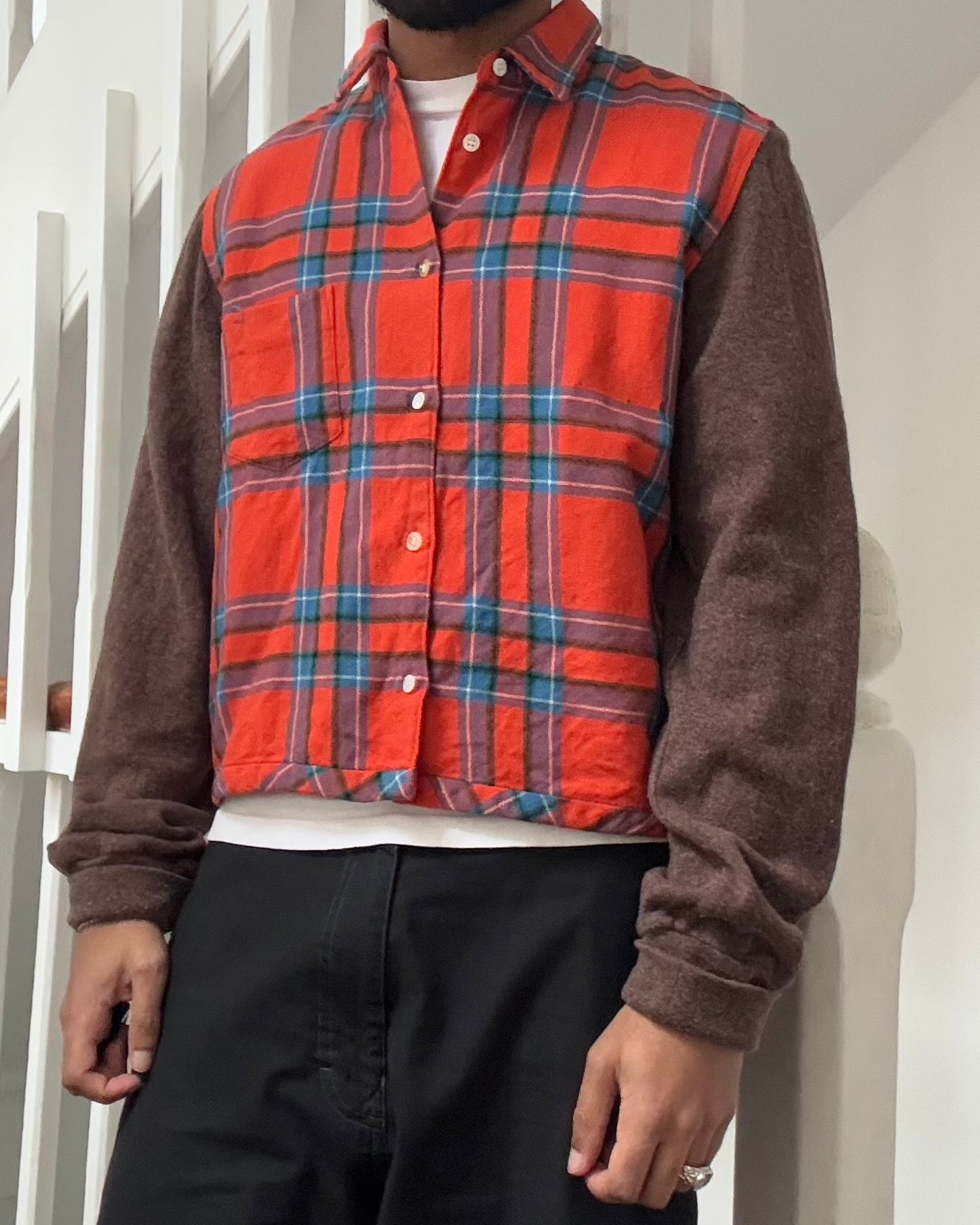 90s Red Plaid Contrast Body Wool Over Shirt (S~M)