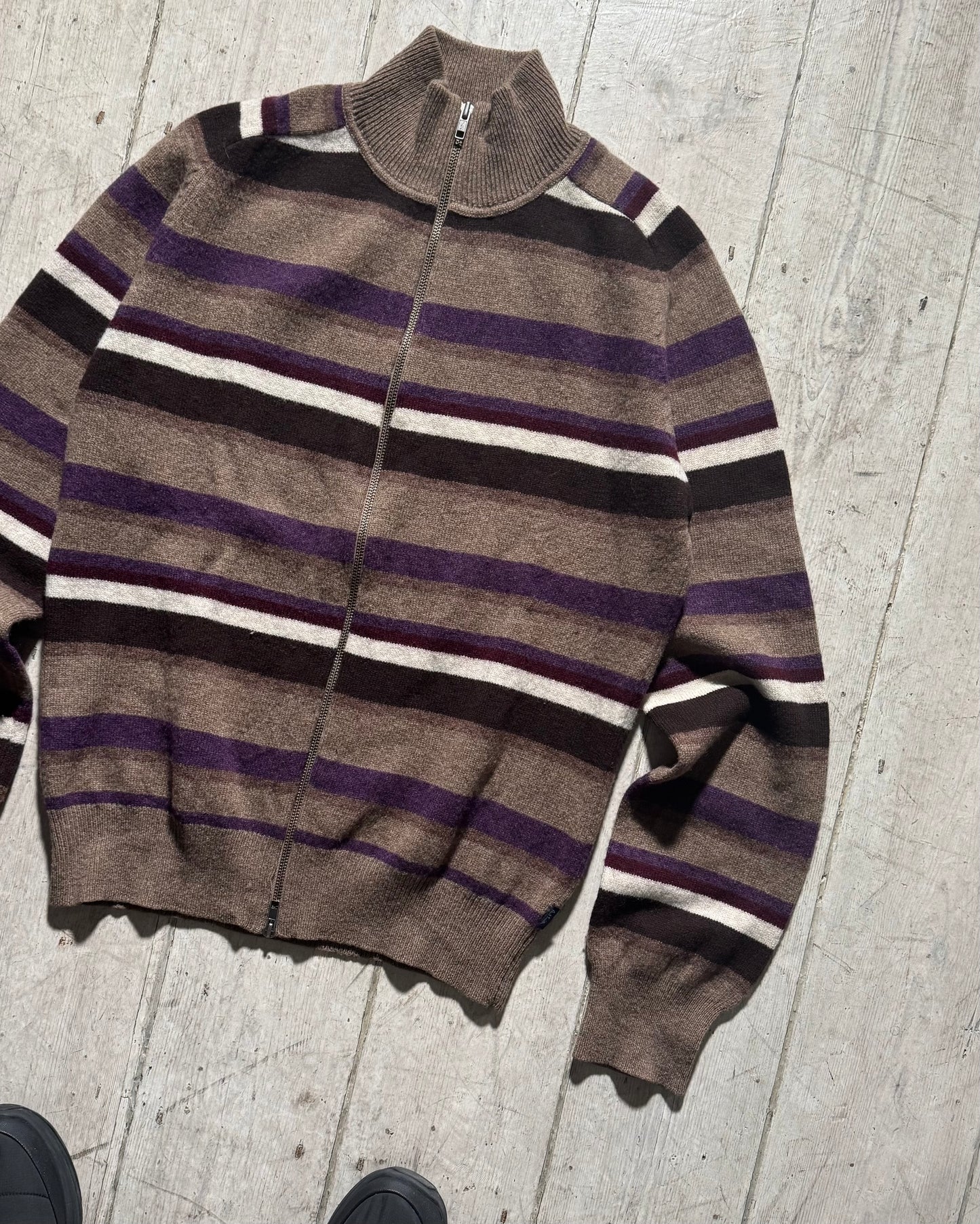 Brown Purple Striped Knit Zip Up Jumper (~L~)