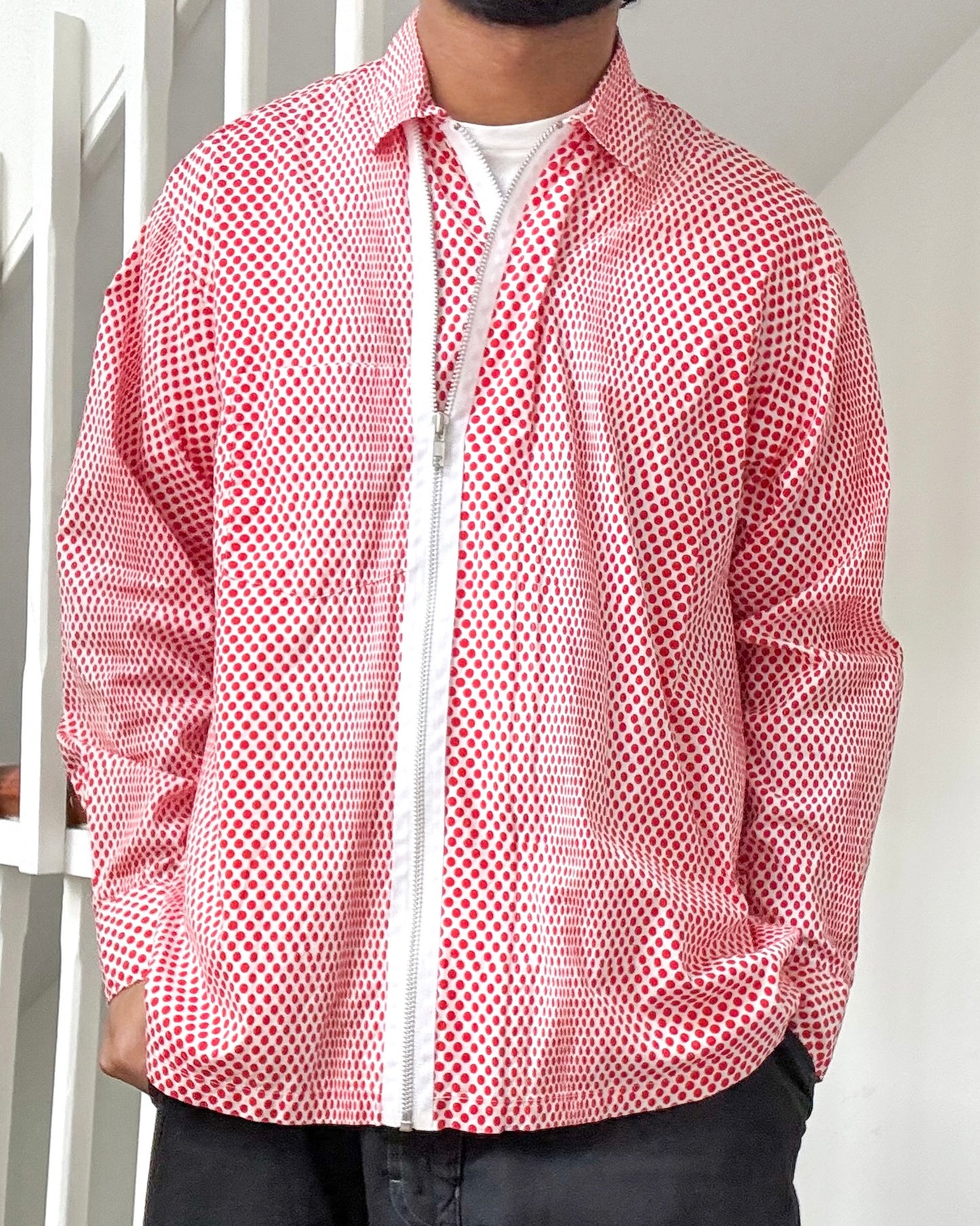 90s Red Polka Dot Double Zip Up Shirt (M~L)
