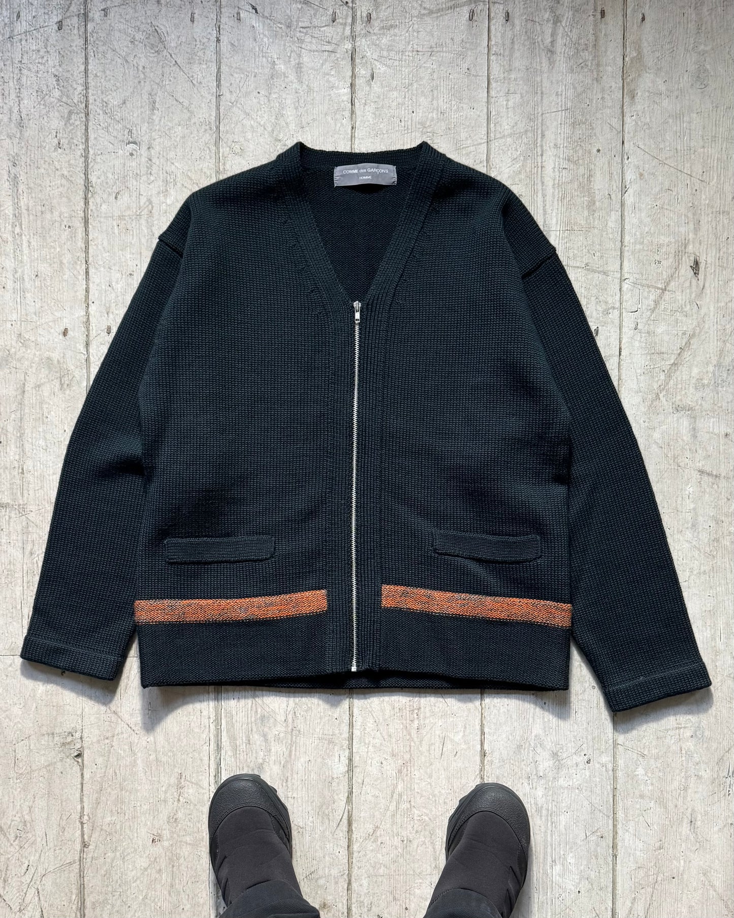 2001 Heavy Weight Orange Stripe Navy Zip Up Knit Cardigan (M~L)