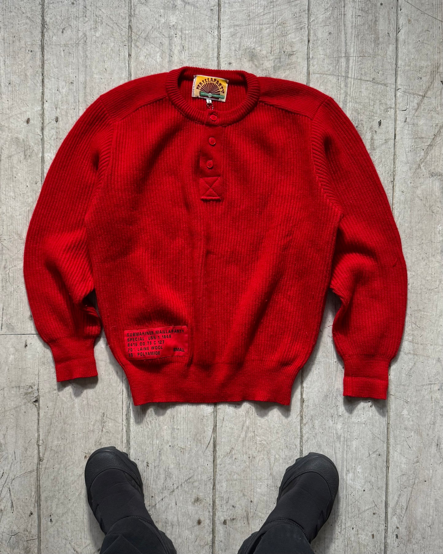 80s Maillaparty Red Submariner Style Henley Collar Knit Jumper (S~M)