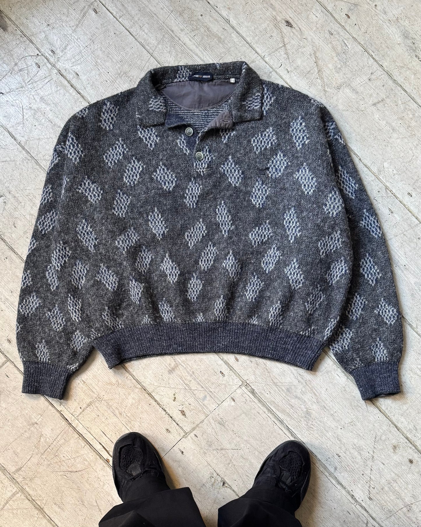 80s Abstract Pattern Polo Knit Jumper (M~L)