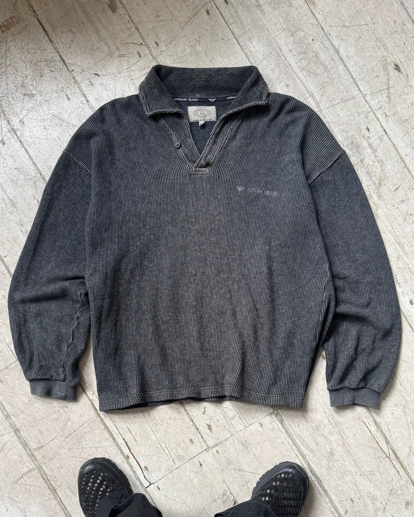 90s Washed Process Grey Tonal Striped Rugby / Polo Jumper (~L~)