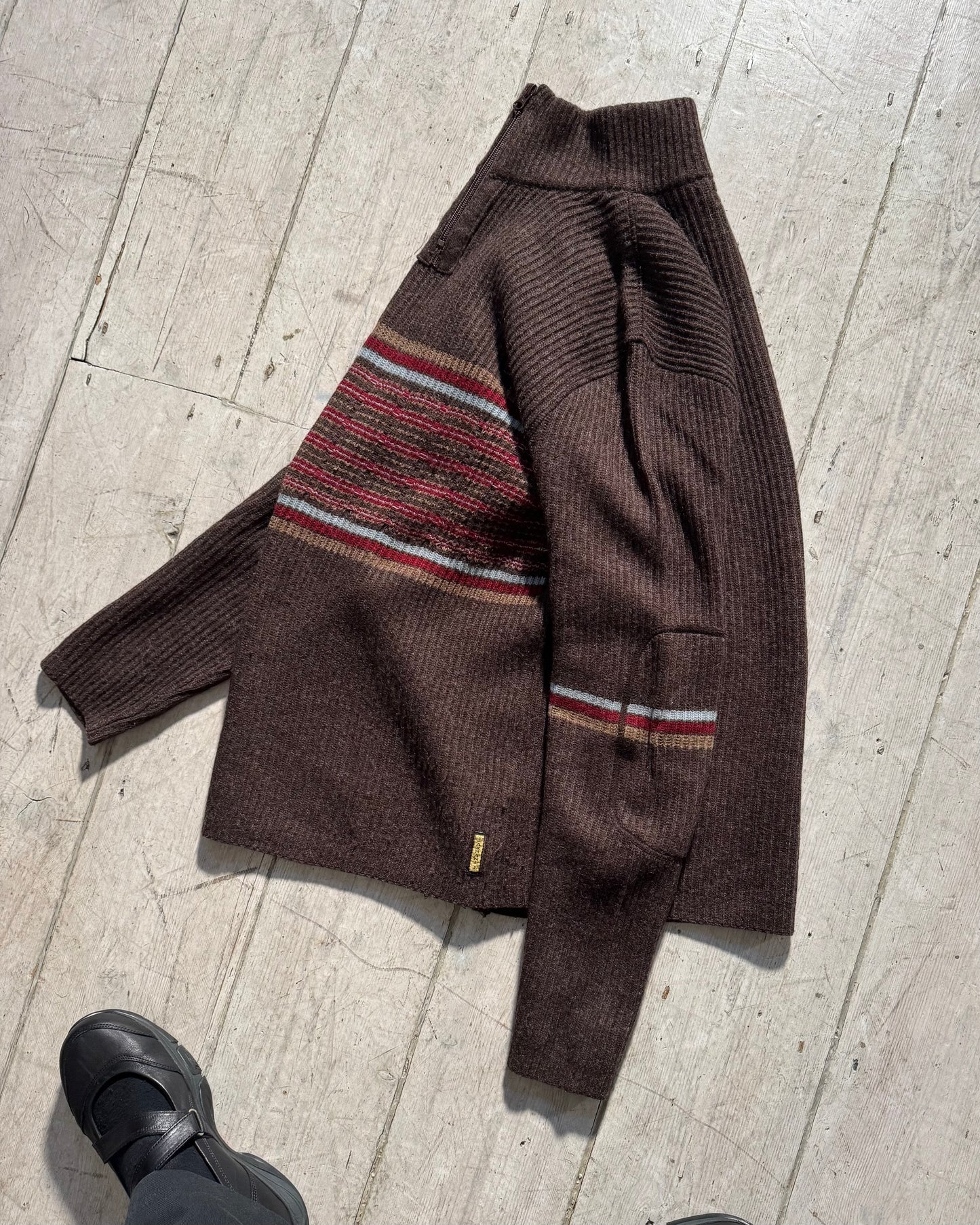 Early 2000s Brown Striped Quarter Zip Knit Jumper (~M~)