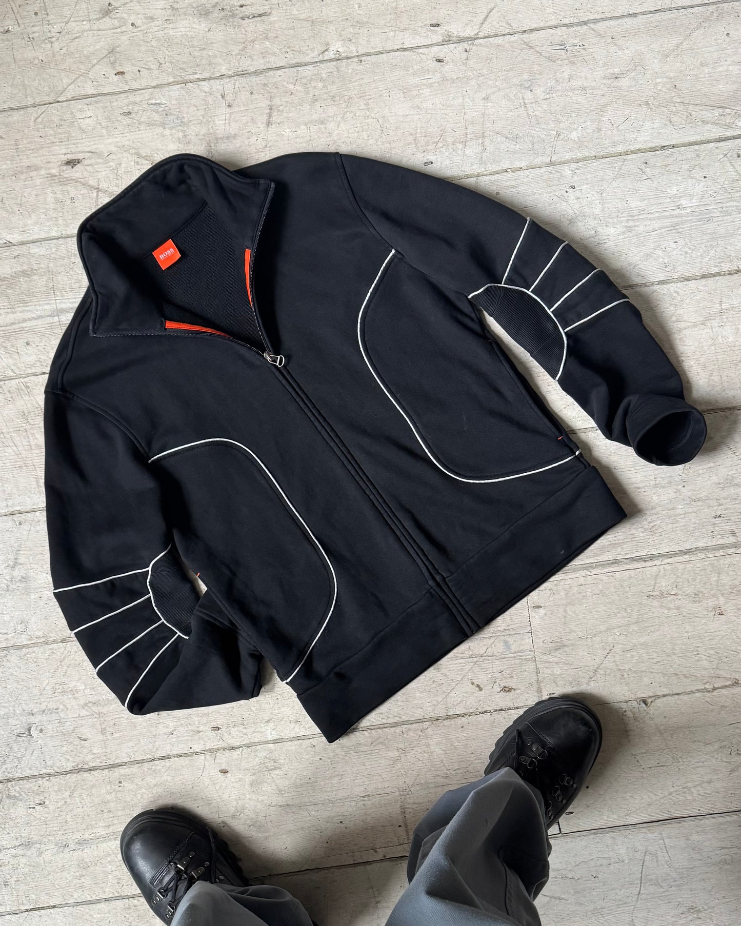 Black White Moto Style Piped / Ribbed Articulated Elbow Zip Up Tracktop (~M~)
