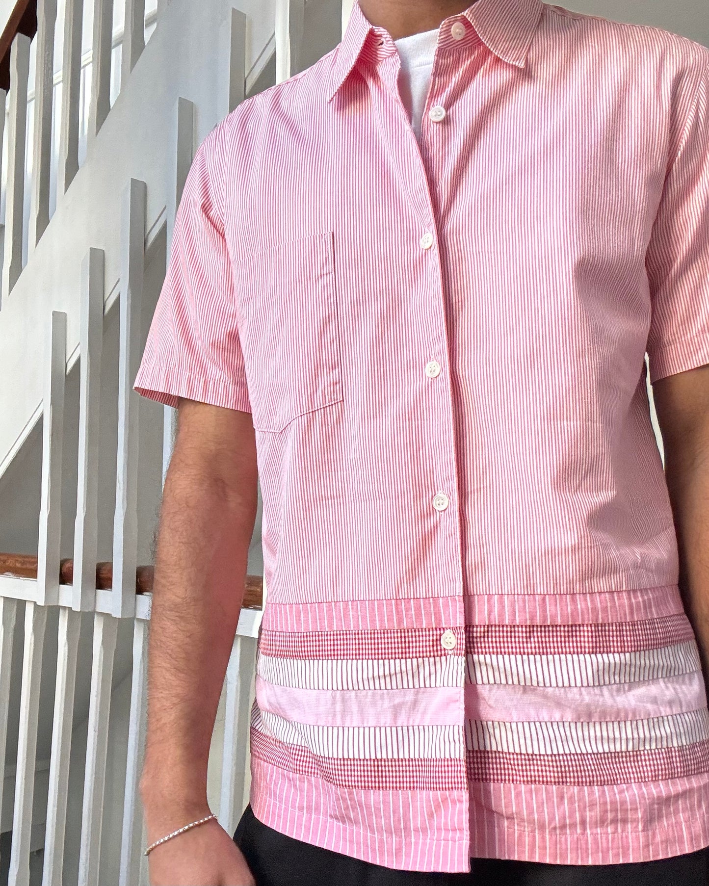 2010 Pink Striped Hem Line Patchwork Shirt (~S~)