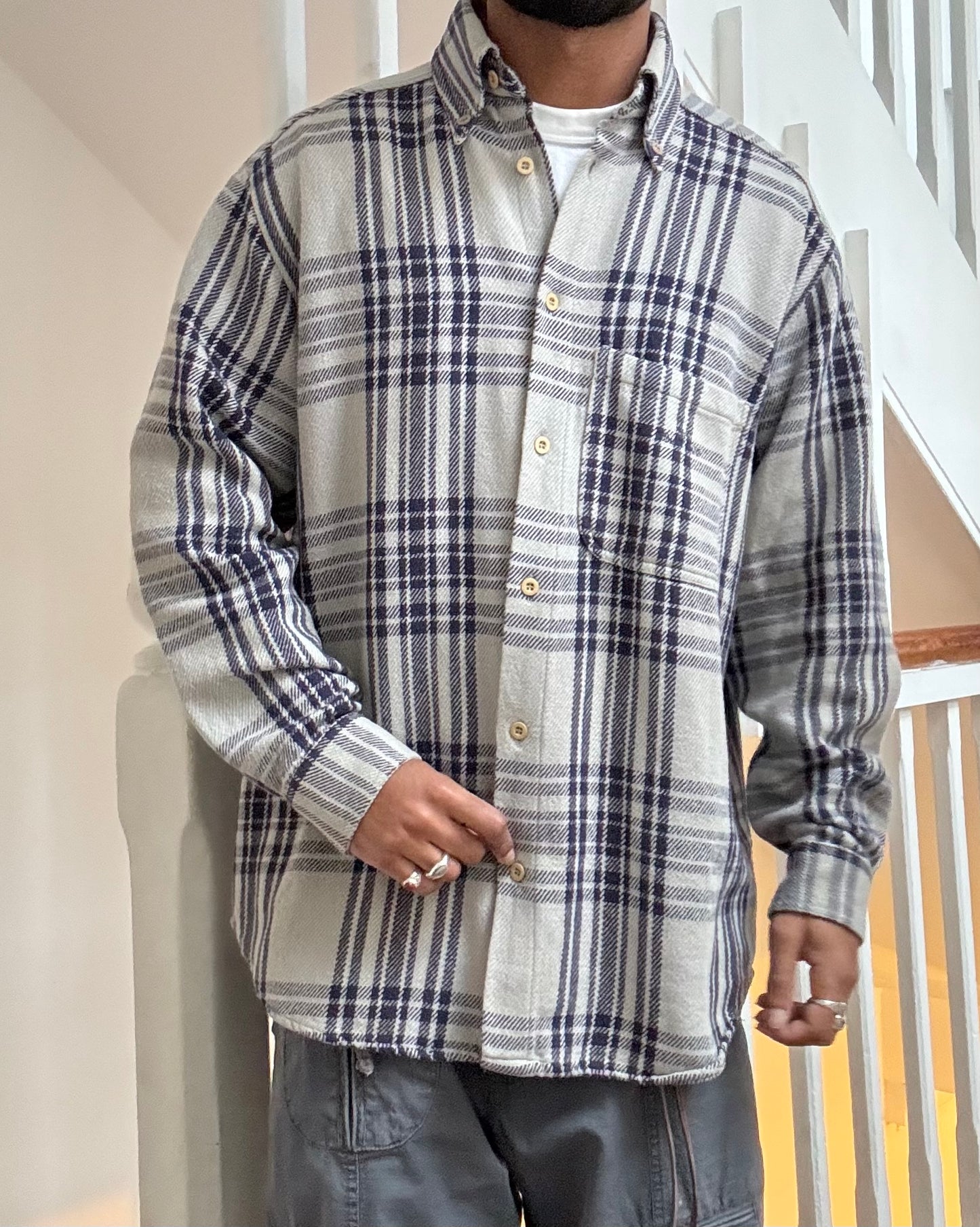 90s Woven Check Heavyweight Flannel / Overshirt Shirt (~L~)
