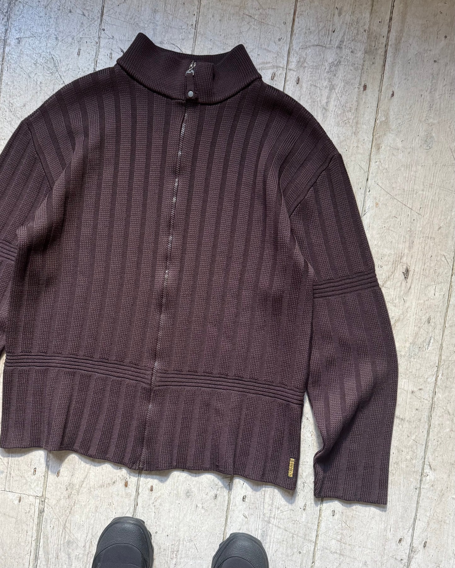 Early 2000s Brown Moto Style Ribbed Zip Up Knit Jumper (L~XL)