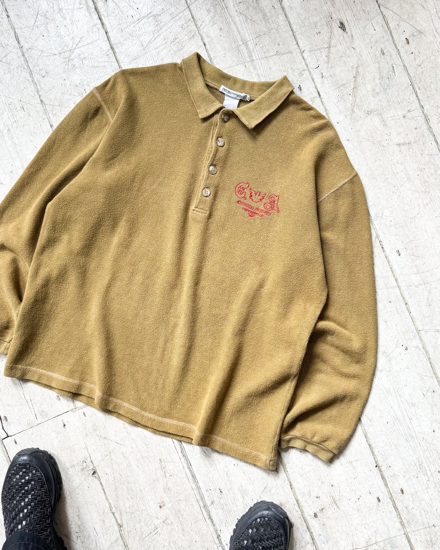 90s Honey Brown Membership Motif Longsleeve Polo Shirt / Top (~L~)