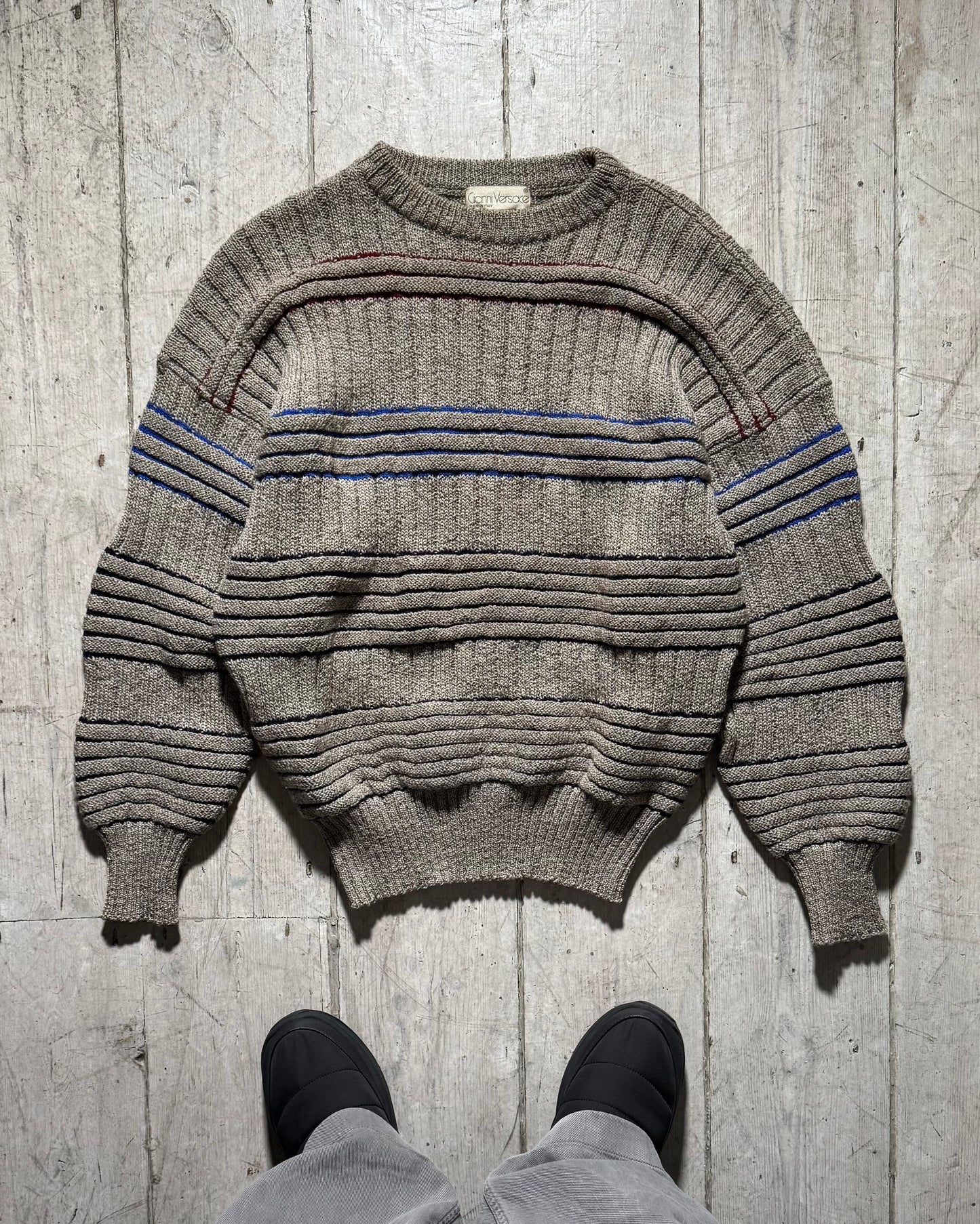80s Wavy Beige Striped Knit Jumper (~M~)