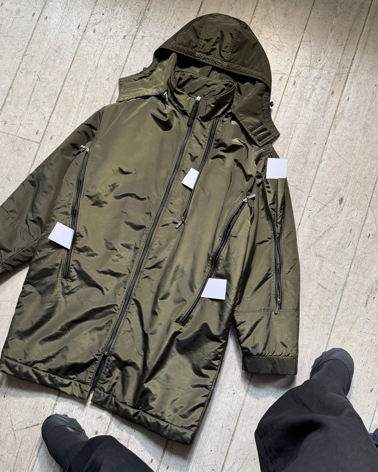Iridescent Olive Green Asymmetrical Multi Zip Long Coat / Jacket (L)