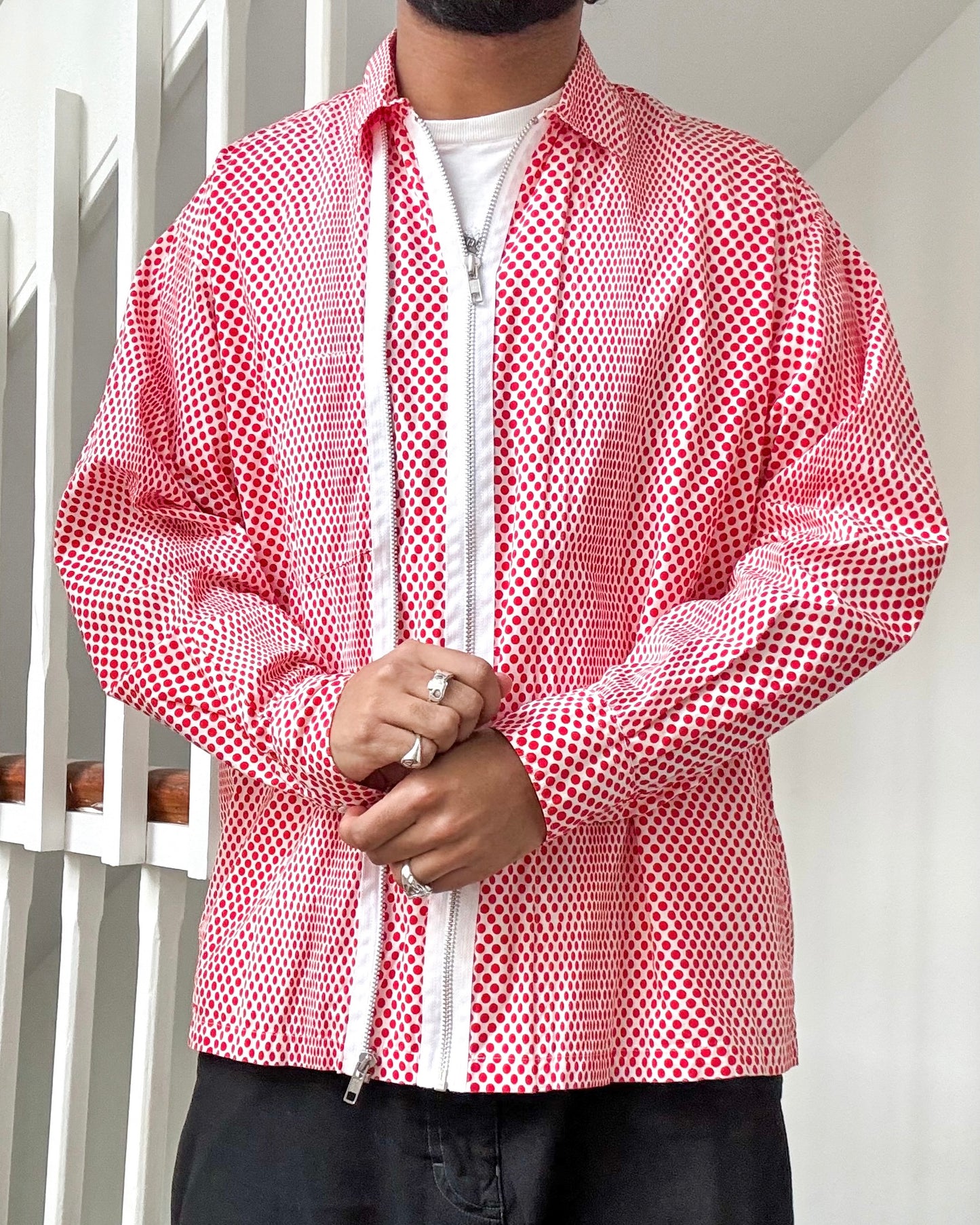 90s Red Polka Dot Double Zip Up Shirt (M~L)
