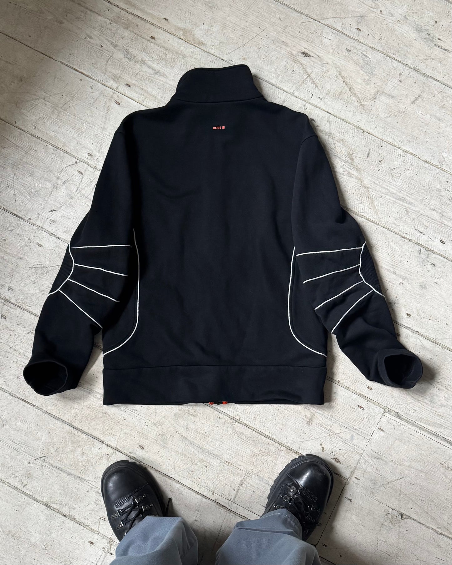 Black White Moto Style Piped / Ribbed Articulated Elbow Zip Up Tracktop (~M~)