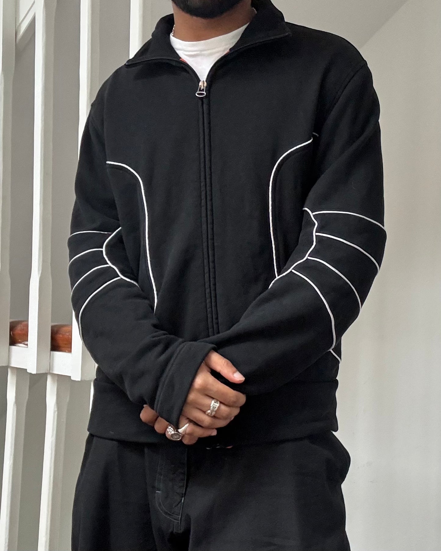 Black White Moto Style Piped / Ribbed Articulated Elbow Zip Up Tracktop (~M~)