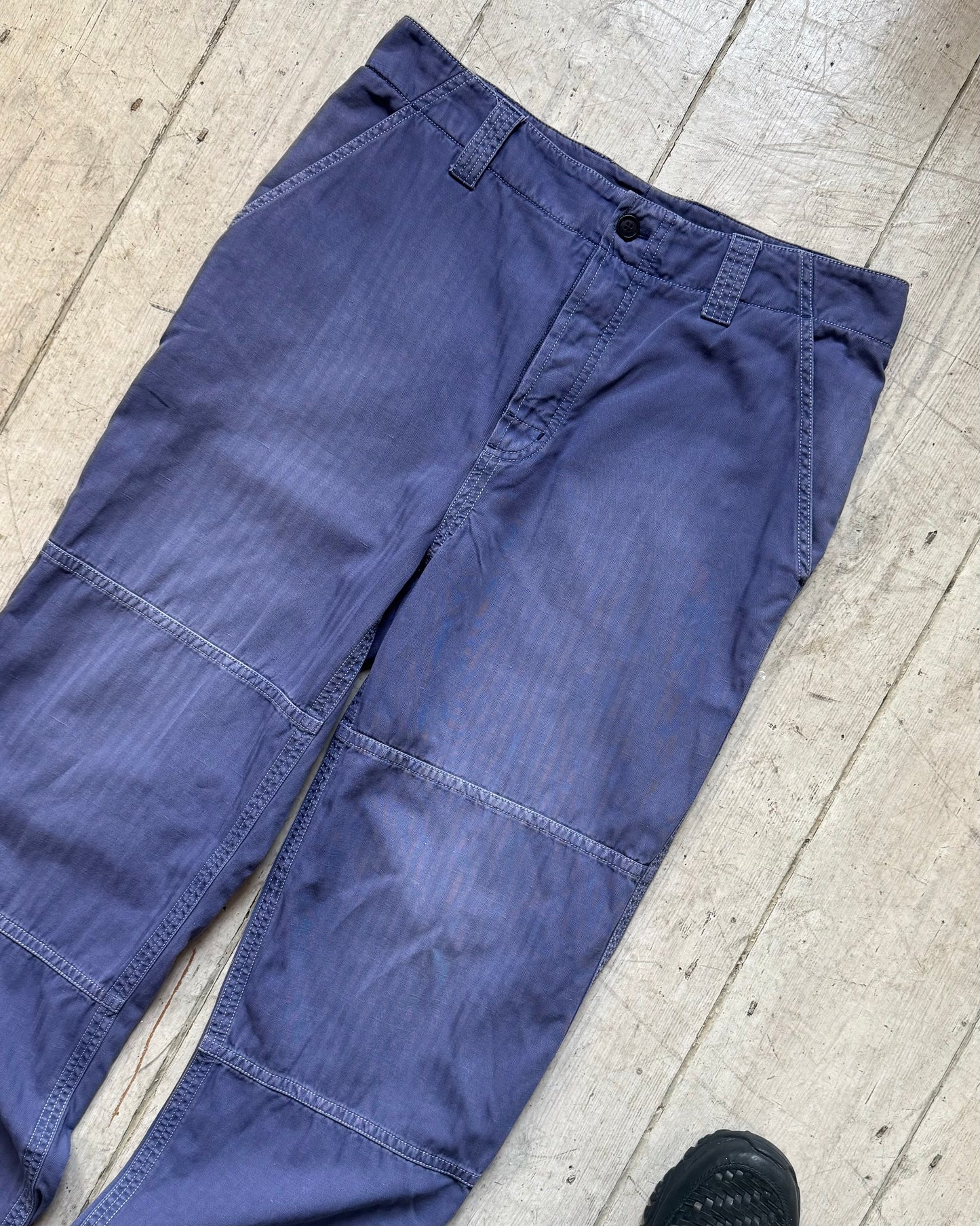Tonal French Workwear Style Knee Panelled Jacquard Striped Pants (32~33)