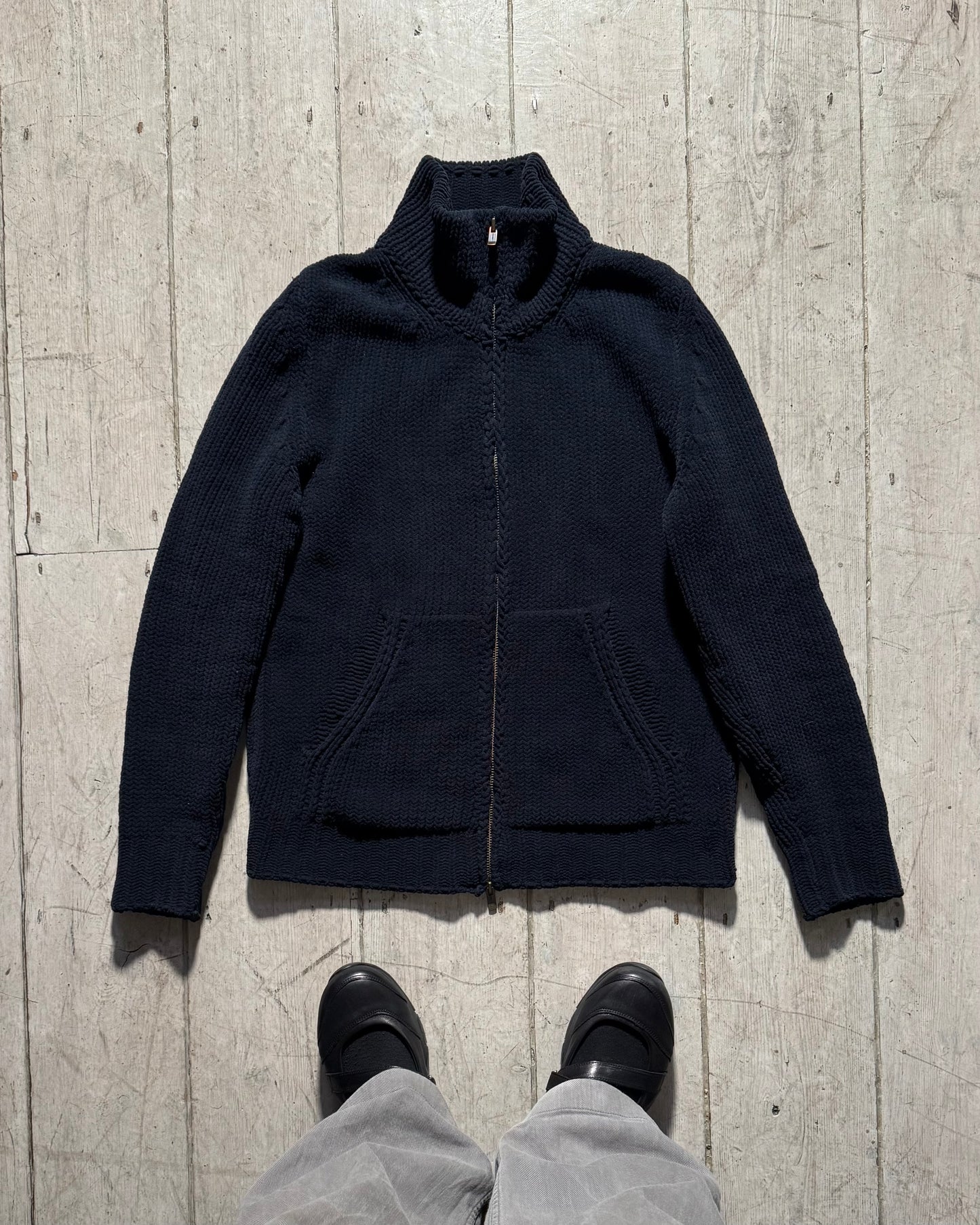 2000s Zip Up Chunky Knit Navy Jumper (S~M)