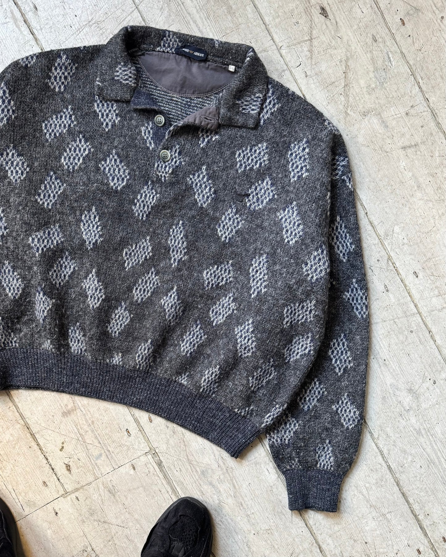 80s Abstract Pattern Polo Knit Jumper (M~L)