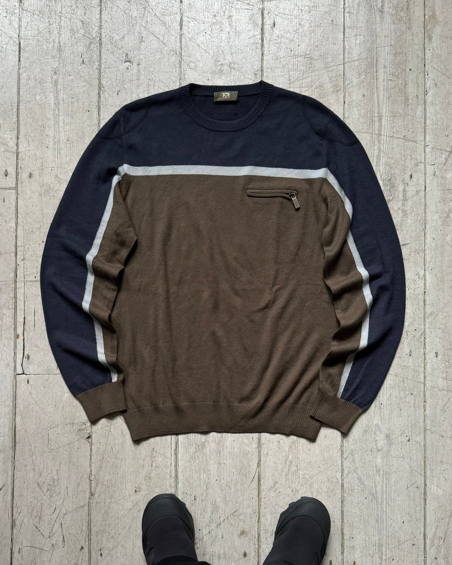 Olive / Navy Striped Two Tone Virgin Wool / Cashmere Knit Jumper (~M~)