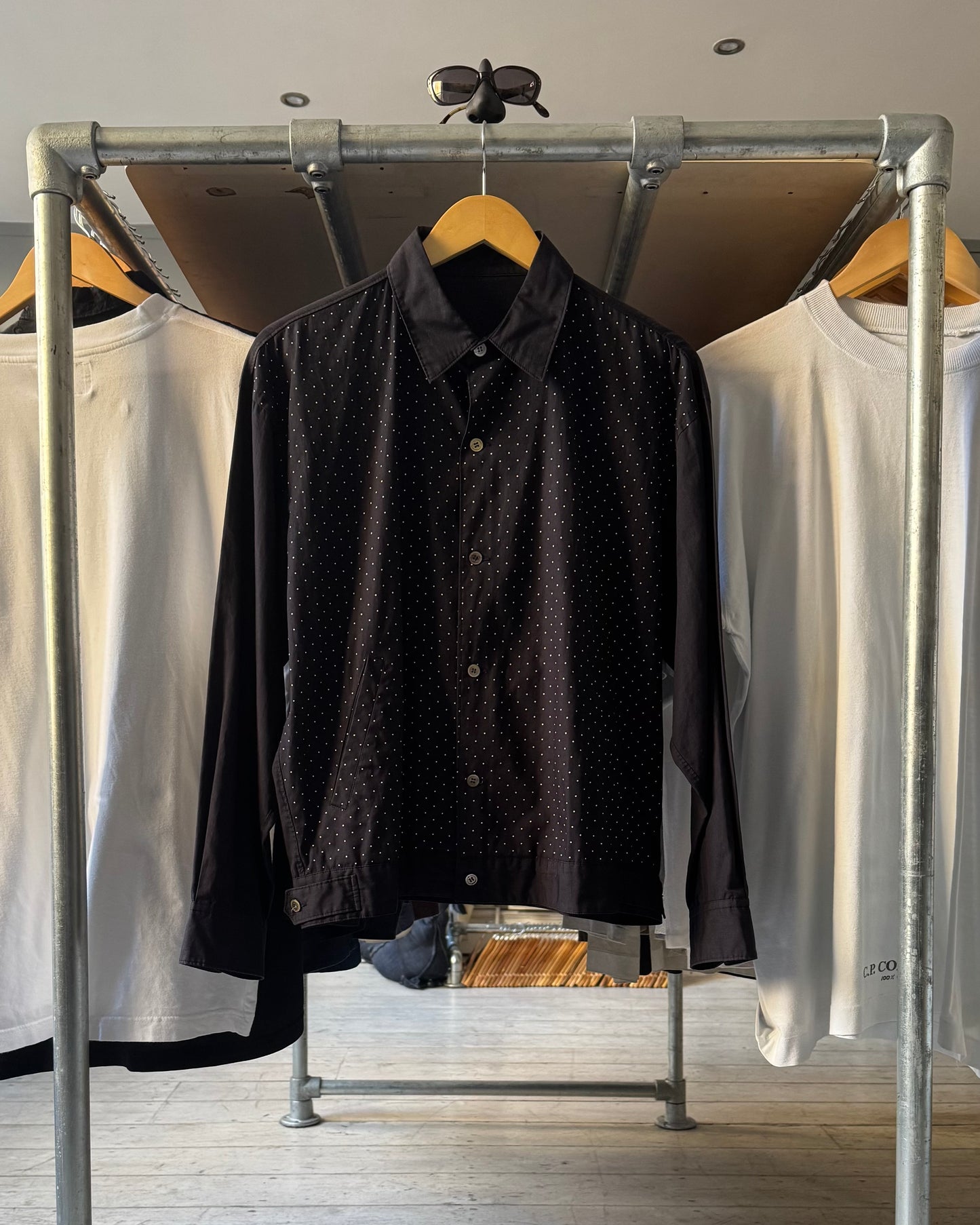 1990 Polka Front Navy Hybrid Over Shirt (~M~)