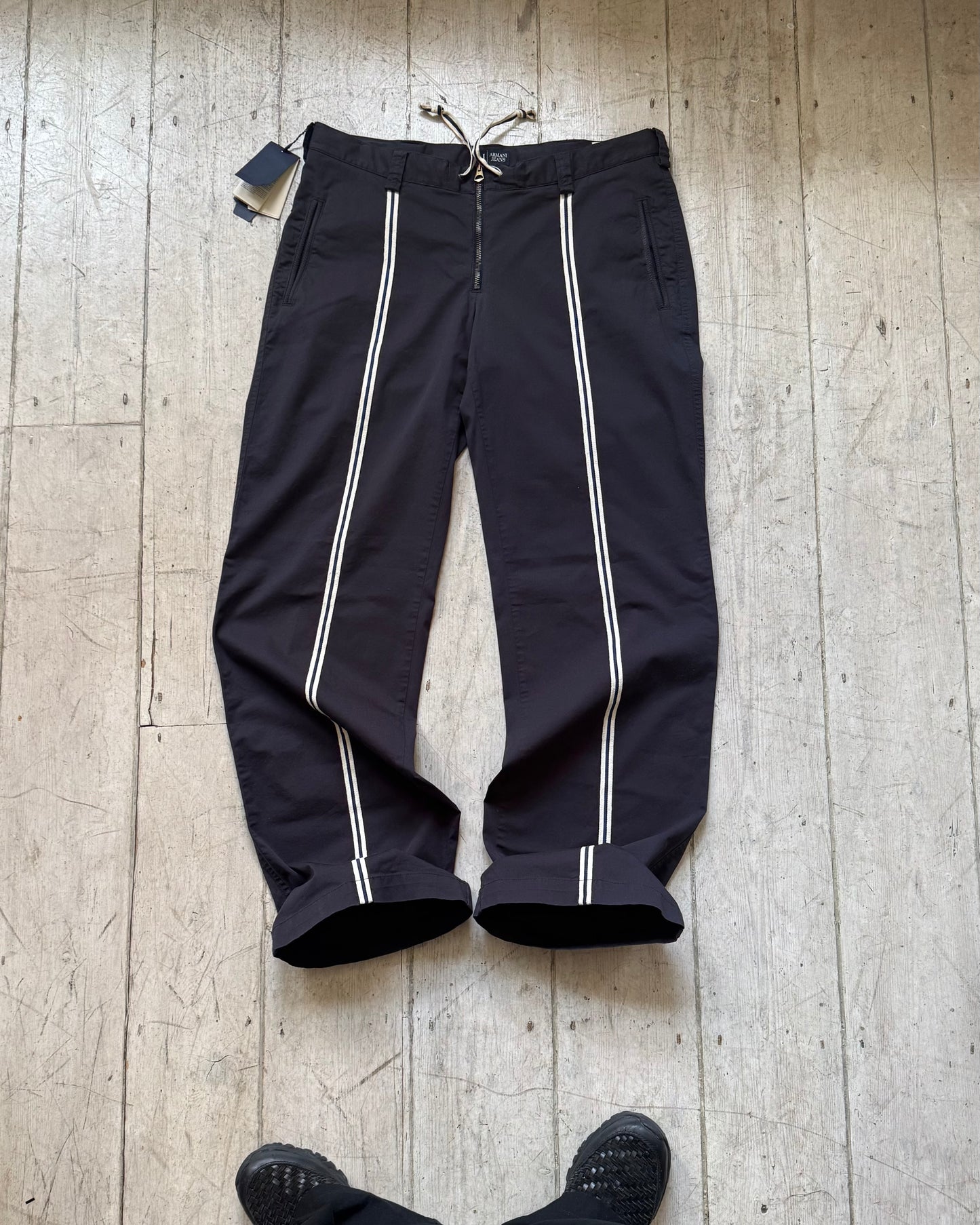 Early 2000s Navy Center Striped Taping Pants (28 + 36 )