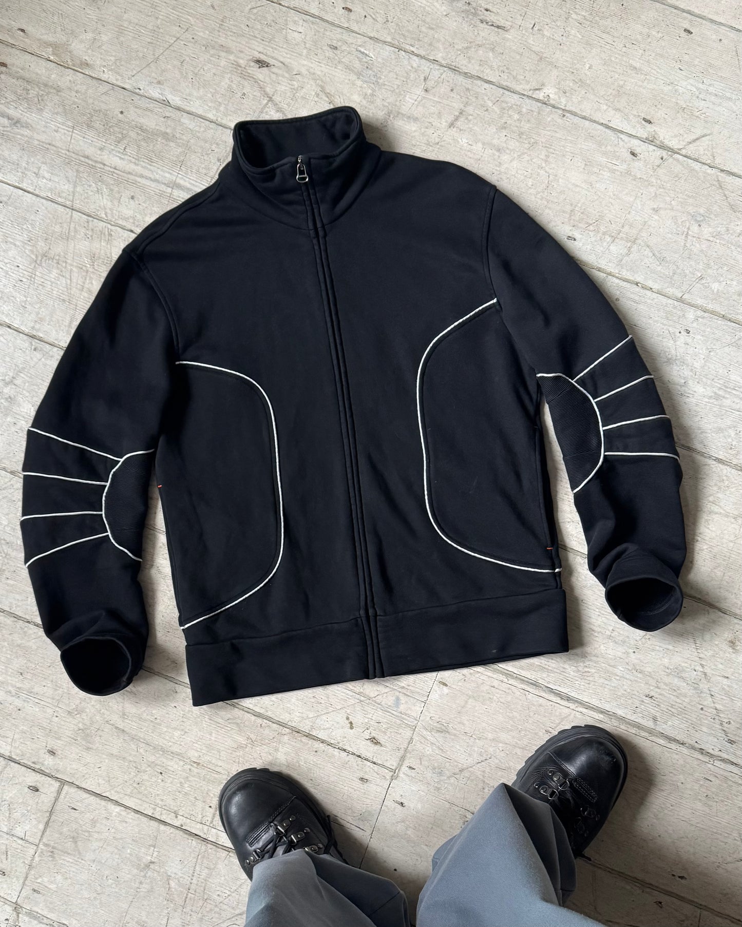 Black White Moto Style Piped / Ribbed Articulated Elbow Zip Up Tracktop (~M~)