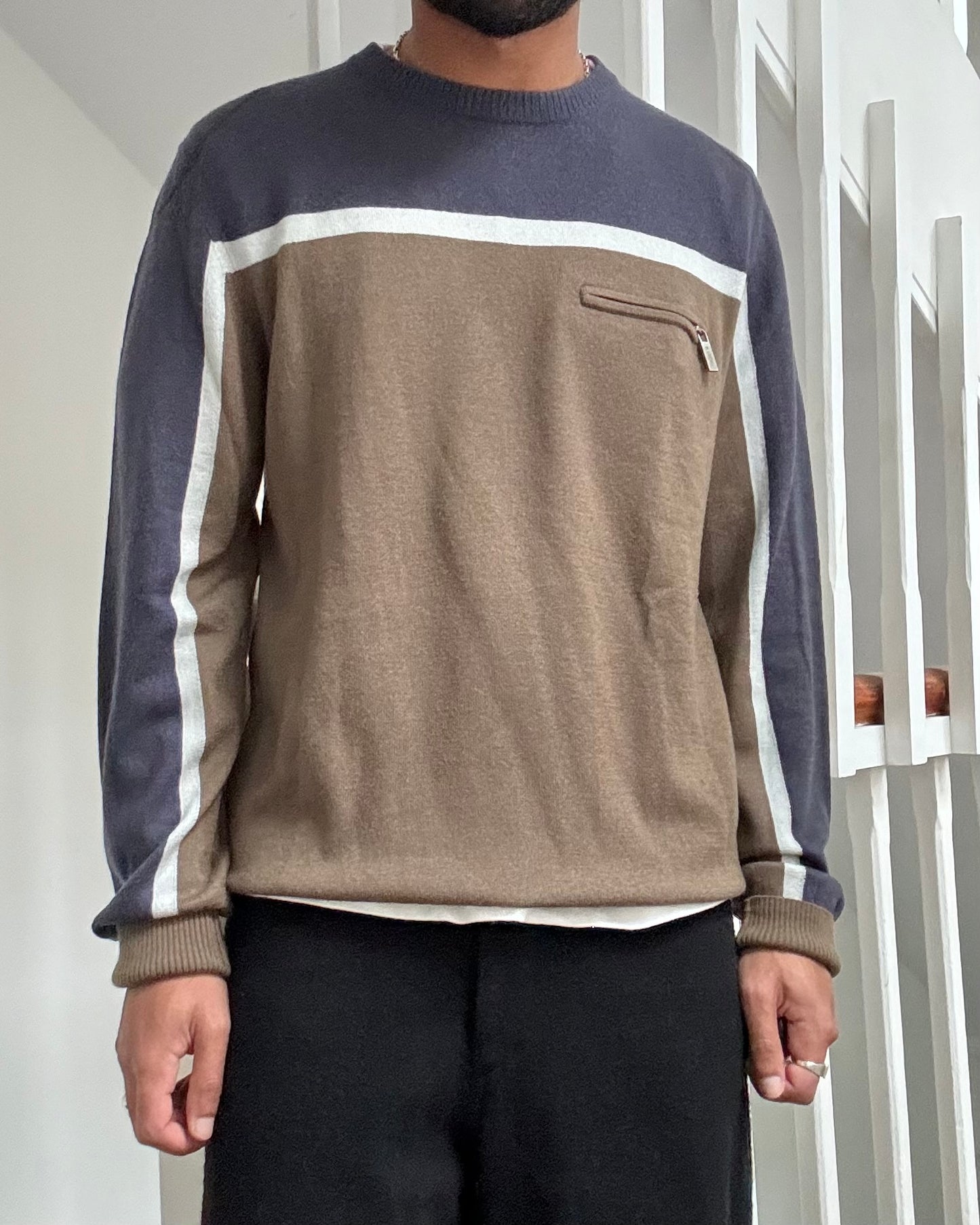 Olive / Navy Striped Two Tone Virgin Wool / Cashmere Knit Jumper (~M~)