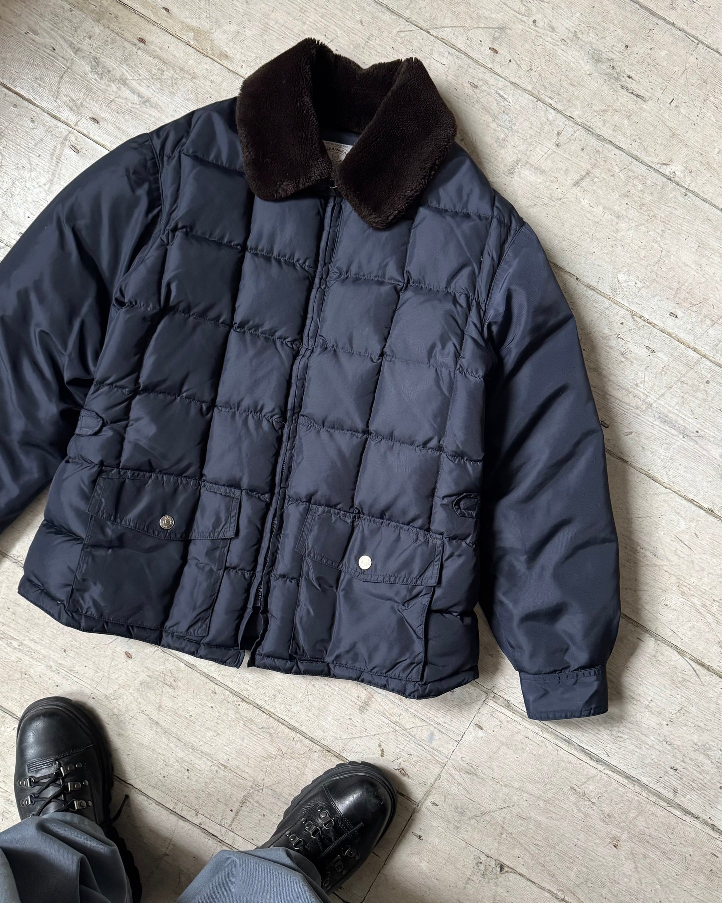 90s Navy Square Quilted Fleece Collar Work Jacket (M~L)