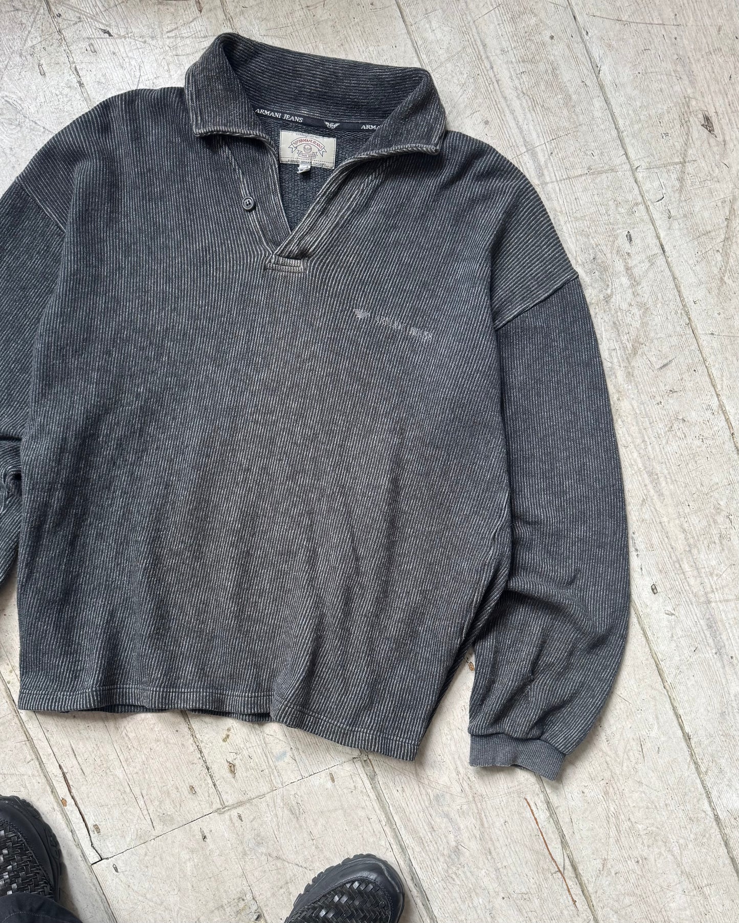 90s Washed Process Grey Tonal Striped Rugby / Polo Jumper (~L~)