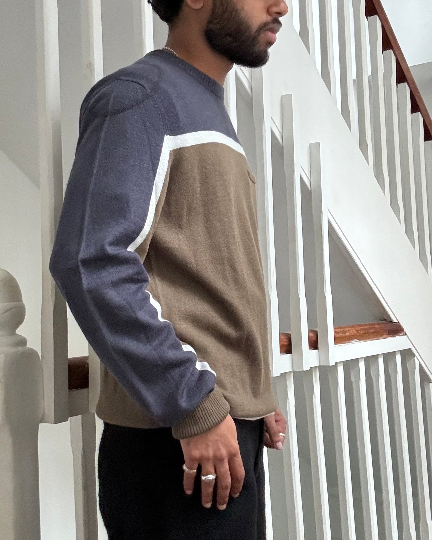 Olive / Navy Striped Two Tone Virgin Wool / Cashmere Knit Jumper (~M~)