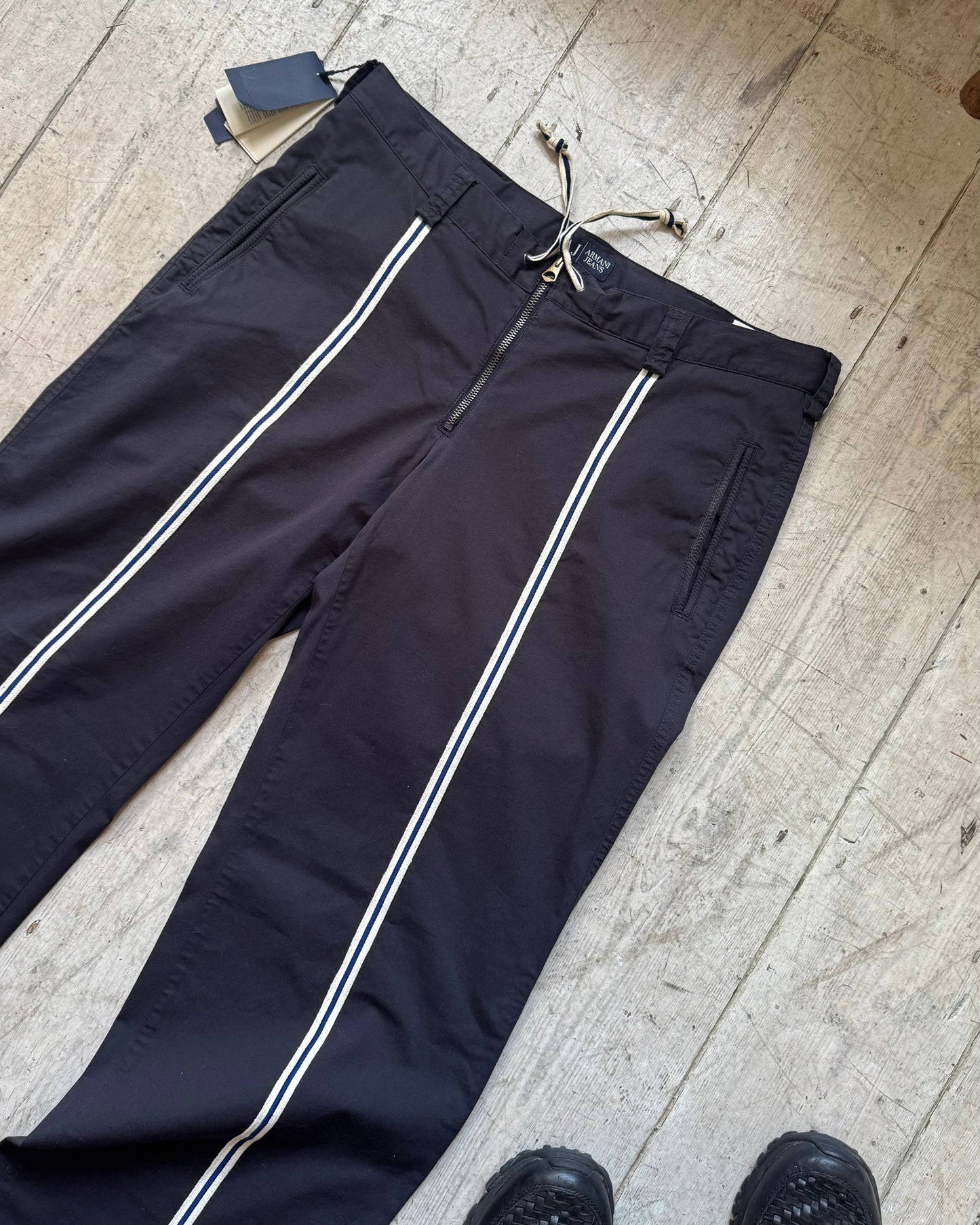 Early 2000s Navy Center Striped Taping Pants (28 + 36 )