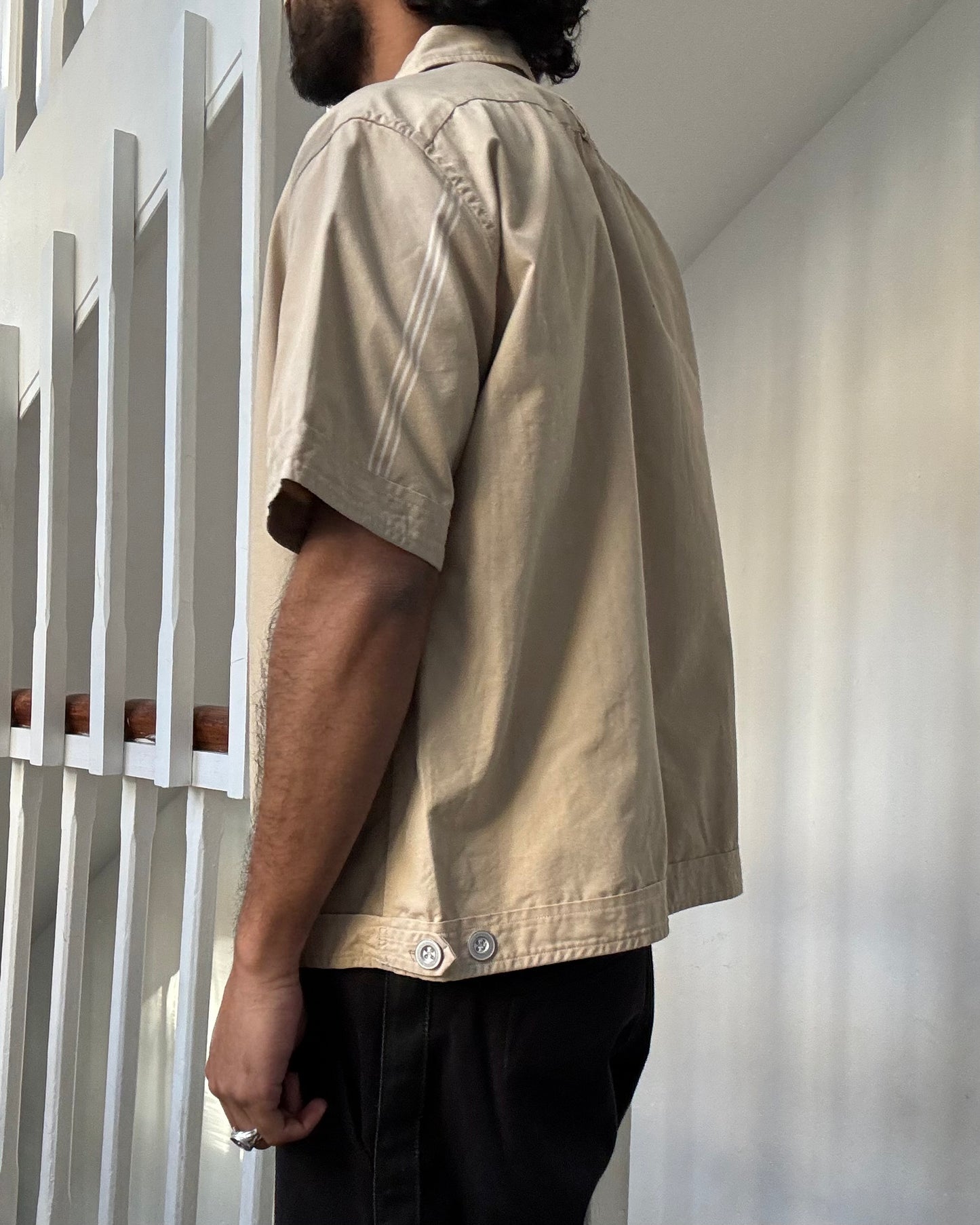 Beige Asymmetrical Striped Patch Pocket Zip Up Shirt (~M~)