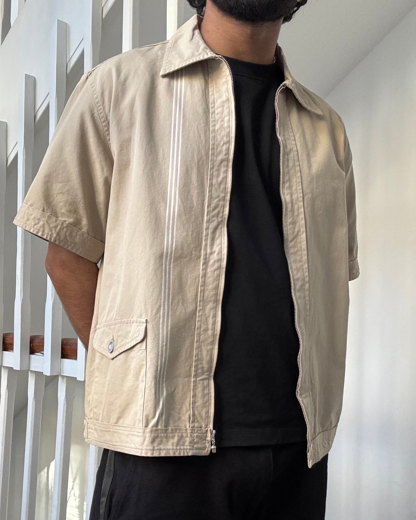 Beige Asymmetrical Striped Patch Pocket Zip Up Shirt (~M~)
