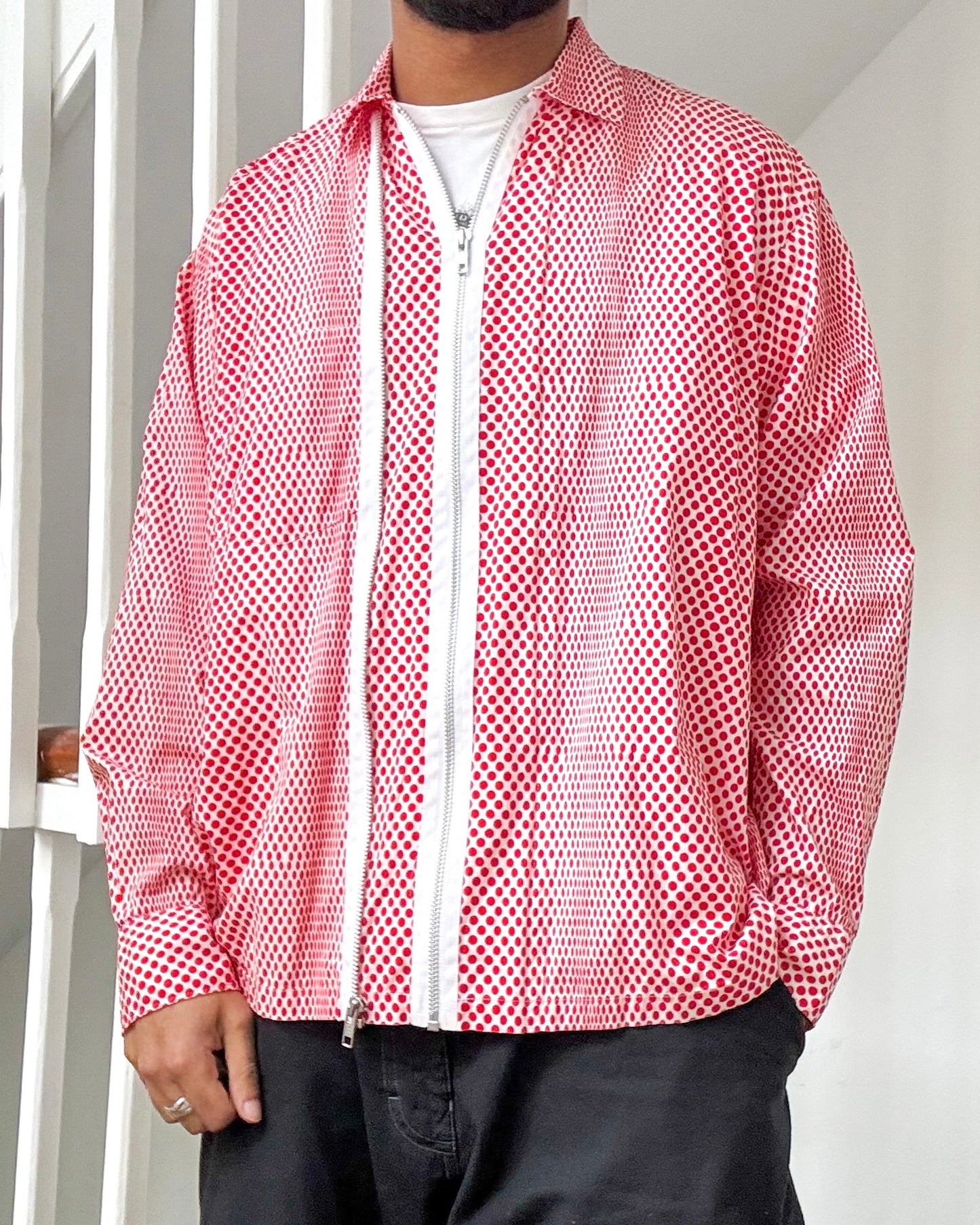 90s Red Polka Dot Double Zip Up Shirt (M~L)