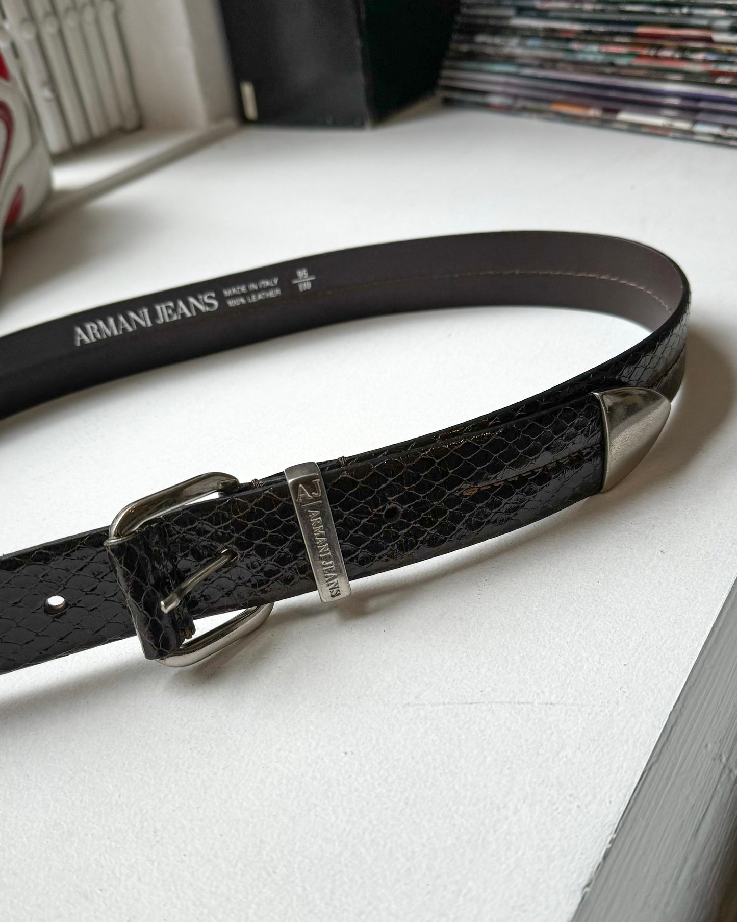 Deep Brown Crocodile Skin Style Leather Patent Belt (33~36)