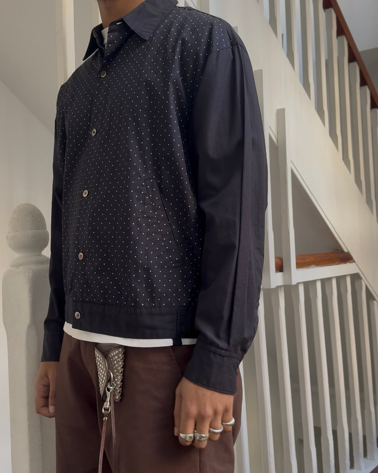 1990 Polka Front Navy Hybrid Over Shirt (~M~)