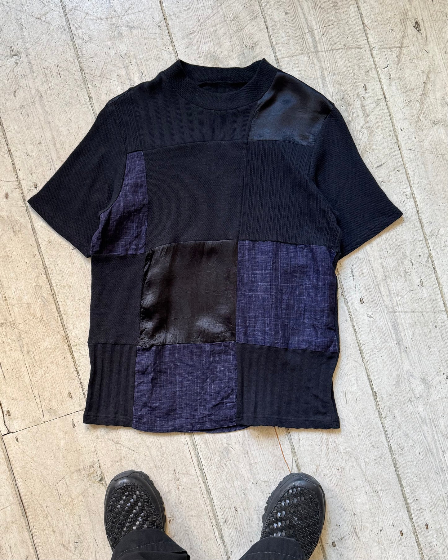 Patchwork Black Blue Shirt and Tshirt Set (~S~)
