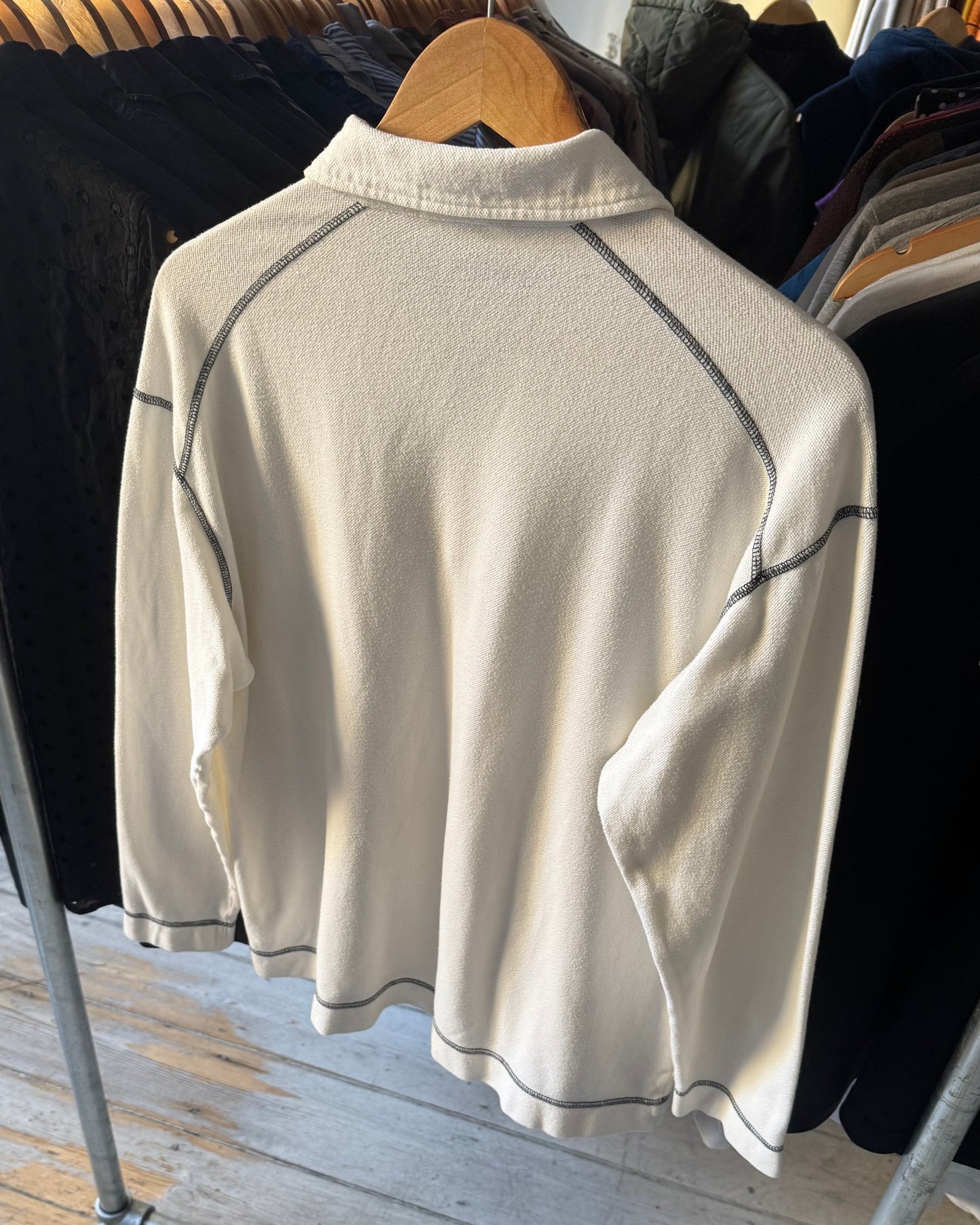 90s White / Black Overlocked Quarter Zip Polo Shirt / Top (M~L)
