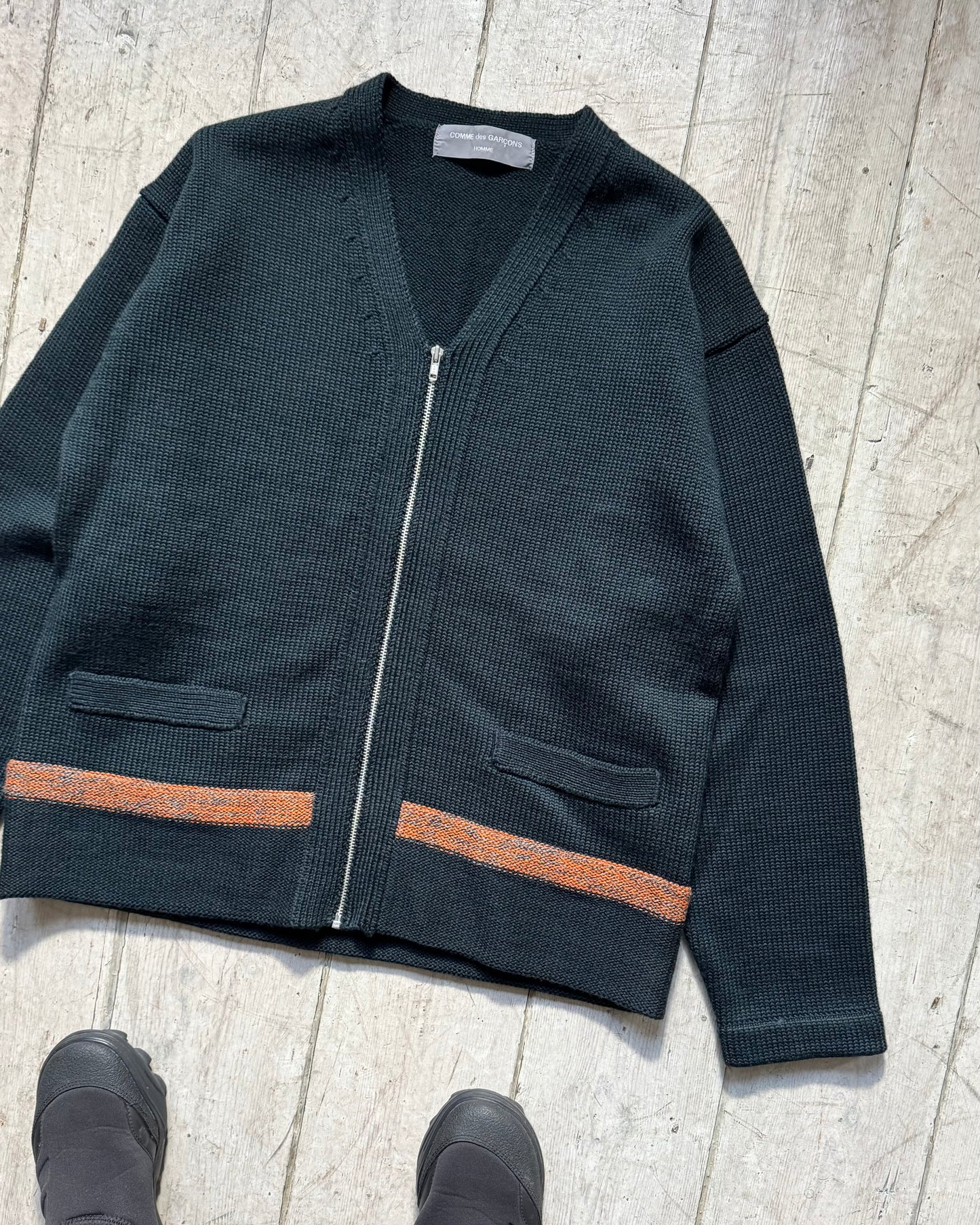 2001 Heavy Weight Orange Stripe Navy Zip Up Knit Cardigan (M~L)