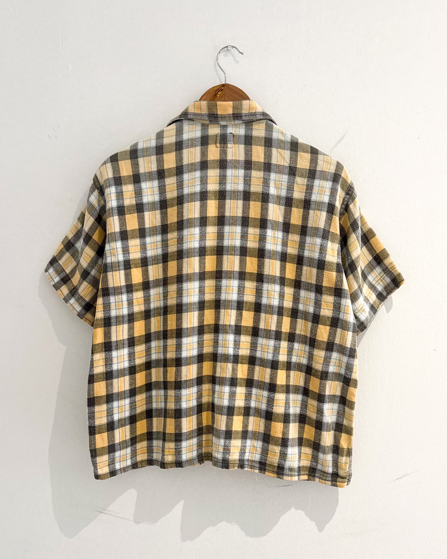 Pale Yellow / Grey Woven Plaid Short Cotton Shirt (M~L)