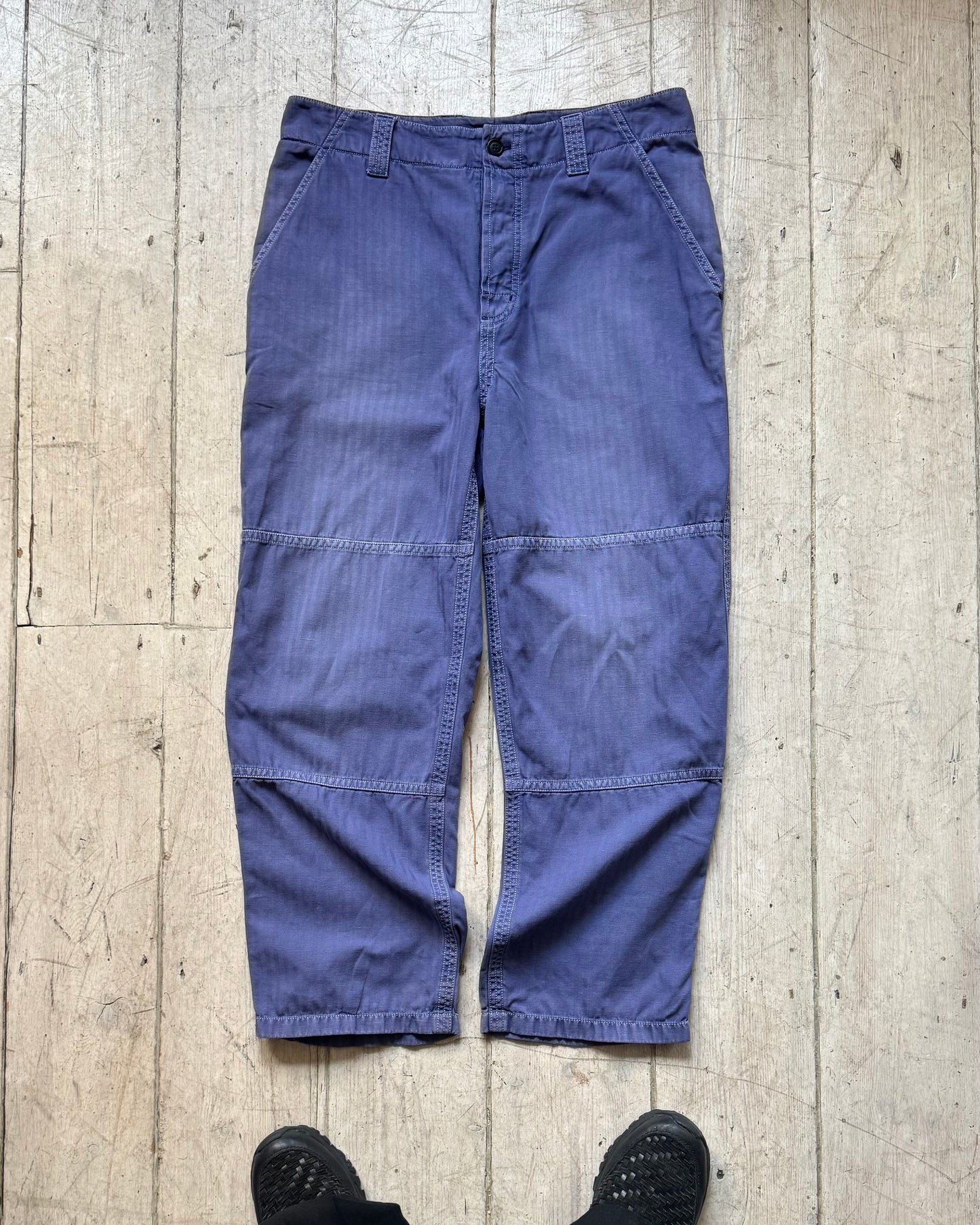 Tonal French Workwear Style Knee Panelled Jacquard Striped Pants (32~33)